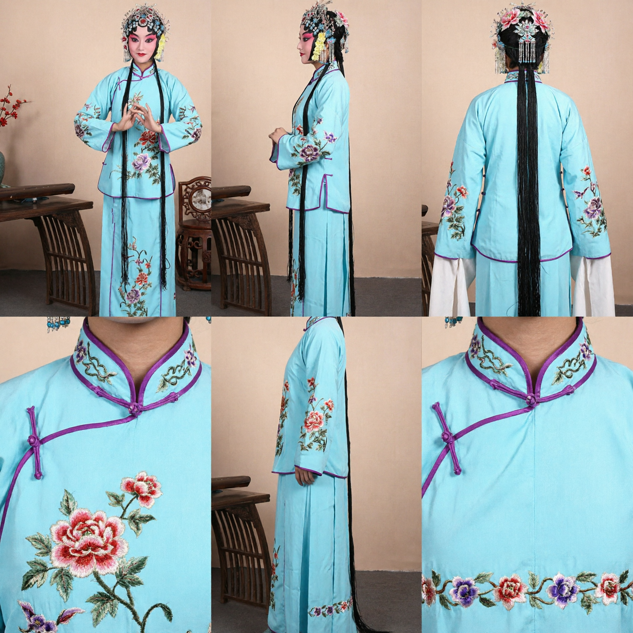 Traditional Chinese Peking Opera Costume Light Blue Embroidered Dress Set for Women Stage Performance - Asian Costume