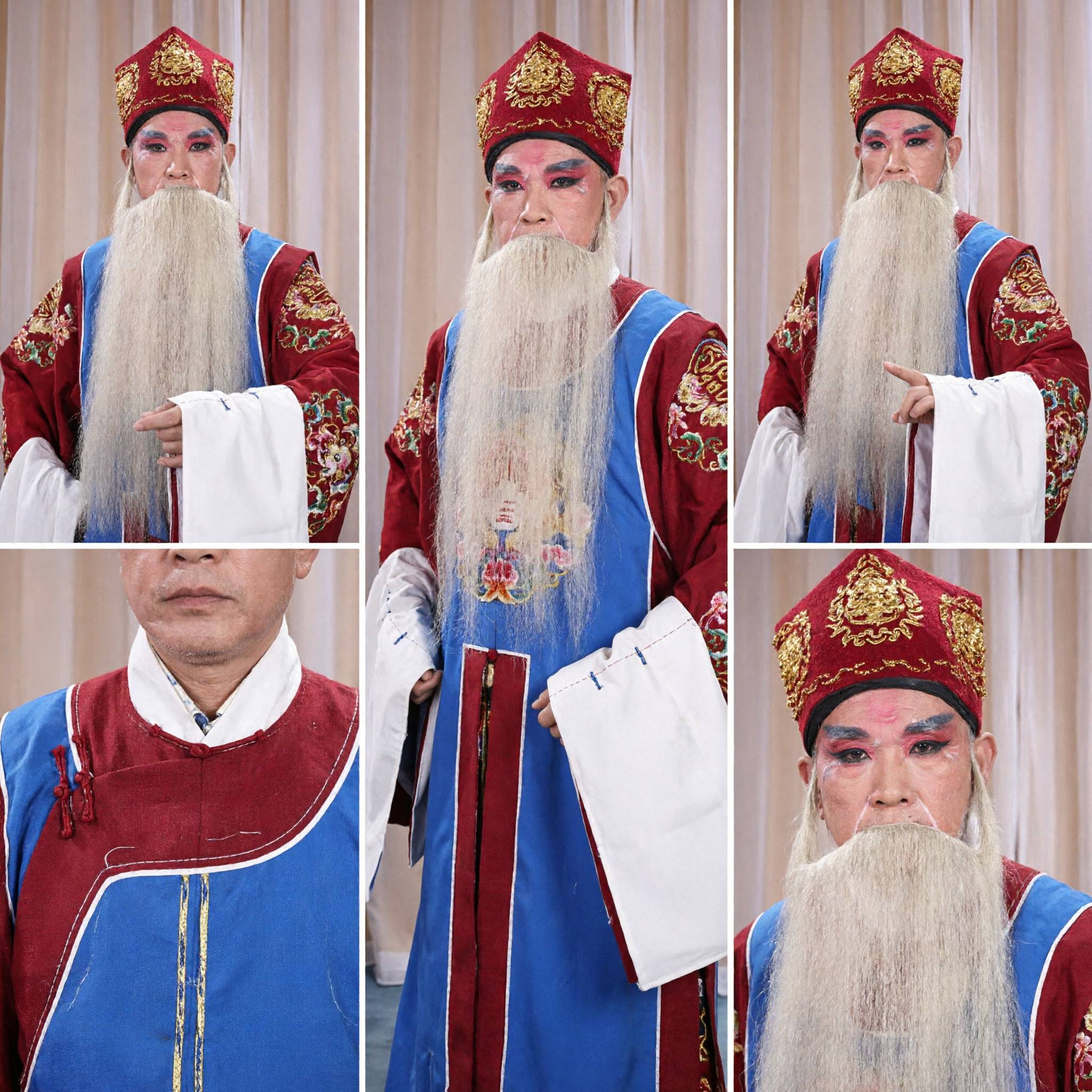 Traditional Chinese Peking Opera Costume Ancient Official Blue Robe with White Beard and Hat for Men Stage - Asian Costume