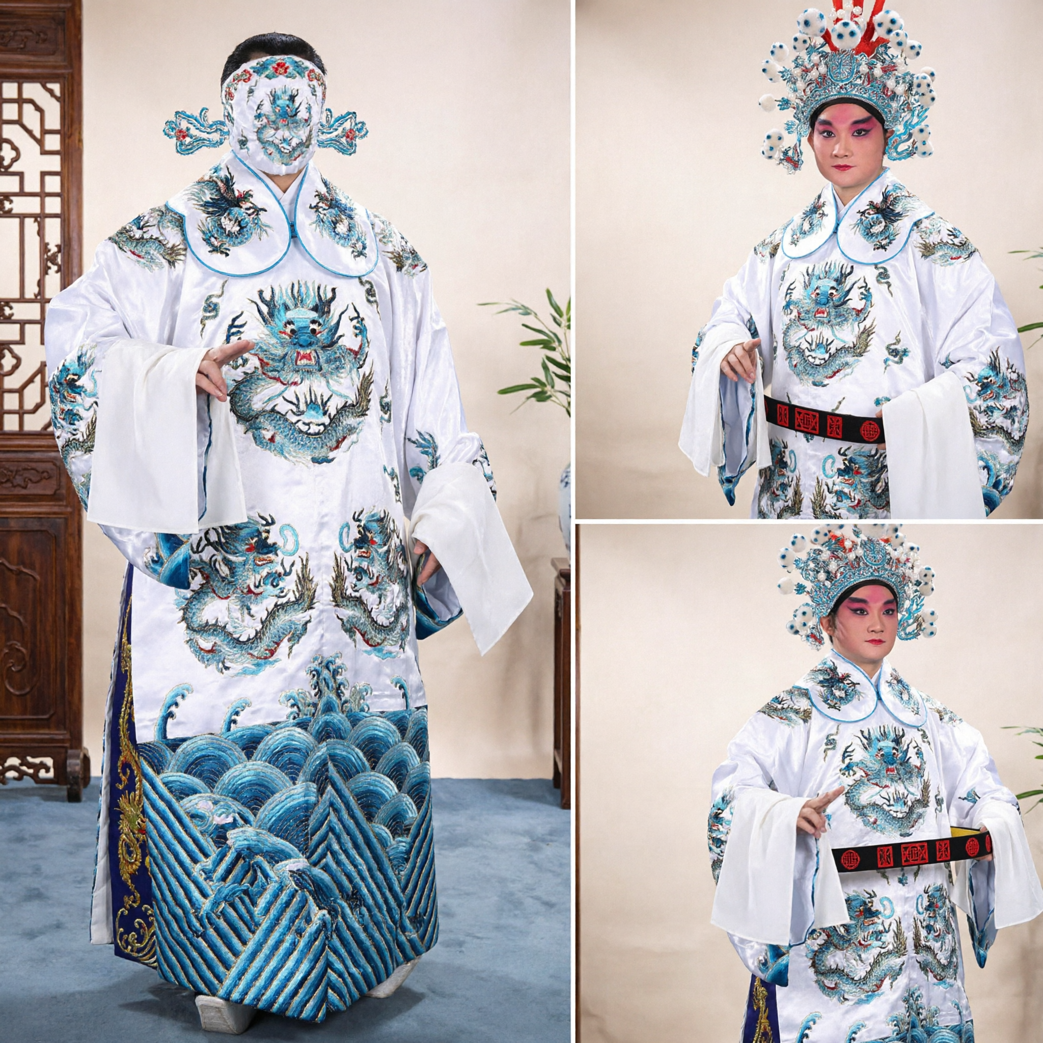 Traditional Chinese Peking Opera Costume White Dragon Embroidered Robe for Male Xiaosheng Stage Performance - Asian Costume