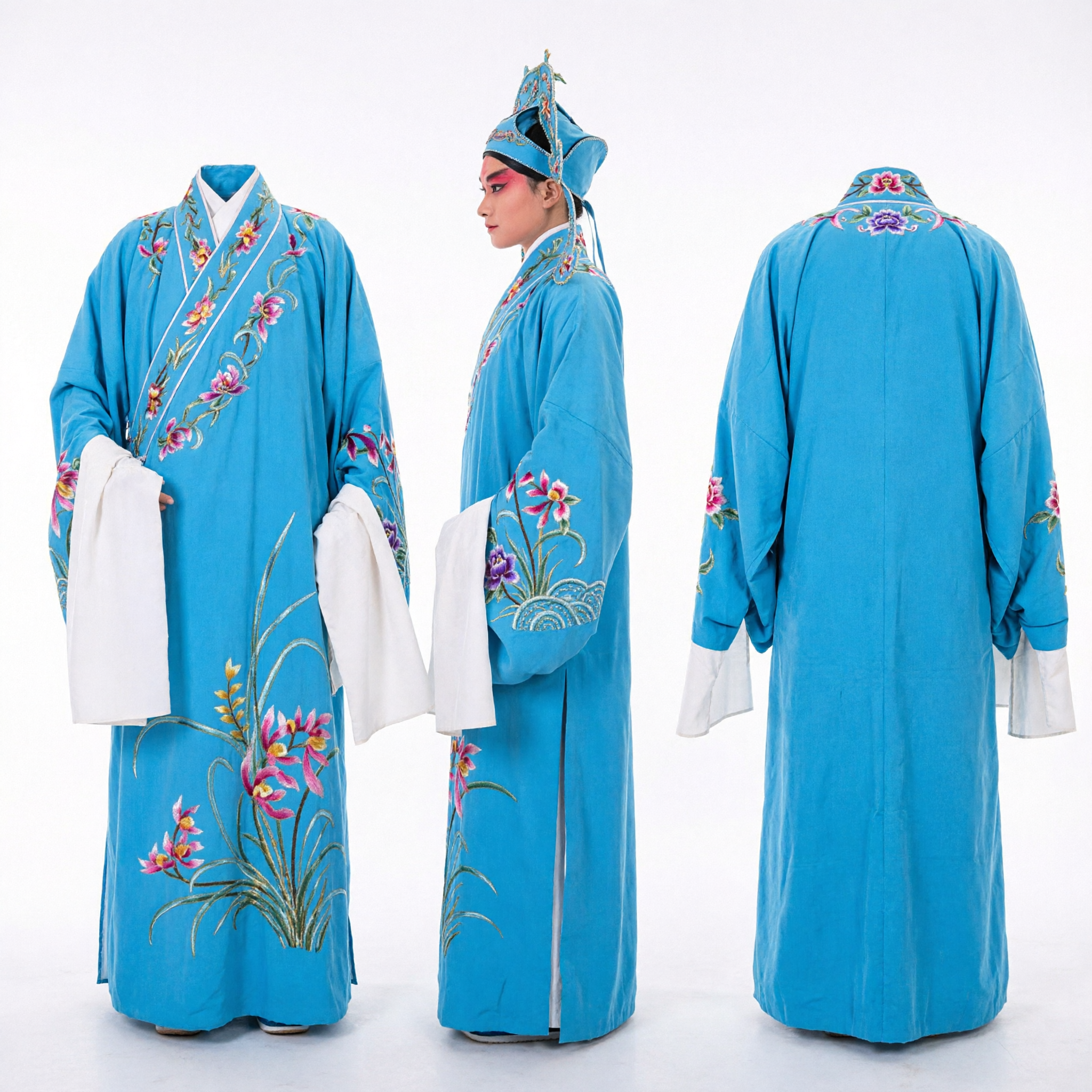 Traditional Chinese Opera Costume Blue Embroidered Scholar Robe with Headdress for Stage Performance and Cosplay - Asian Costume