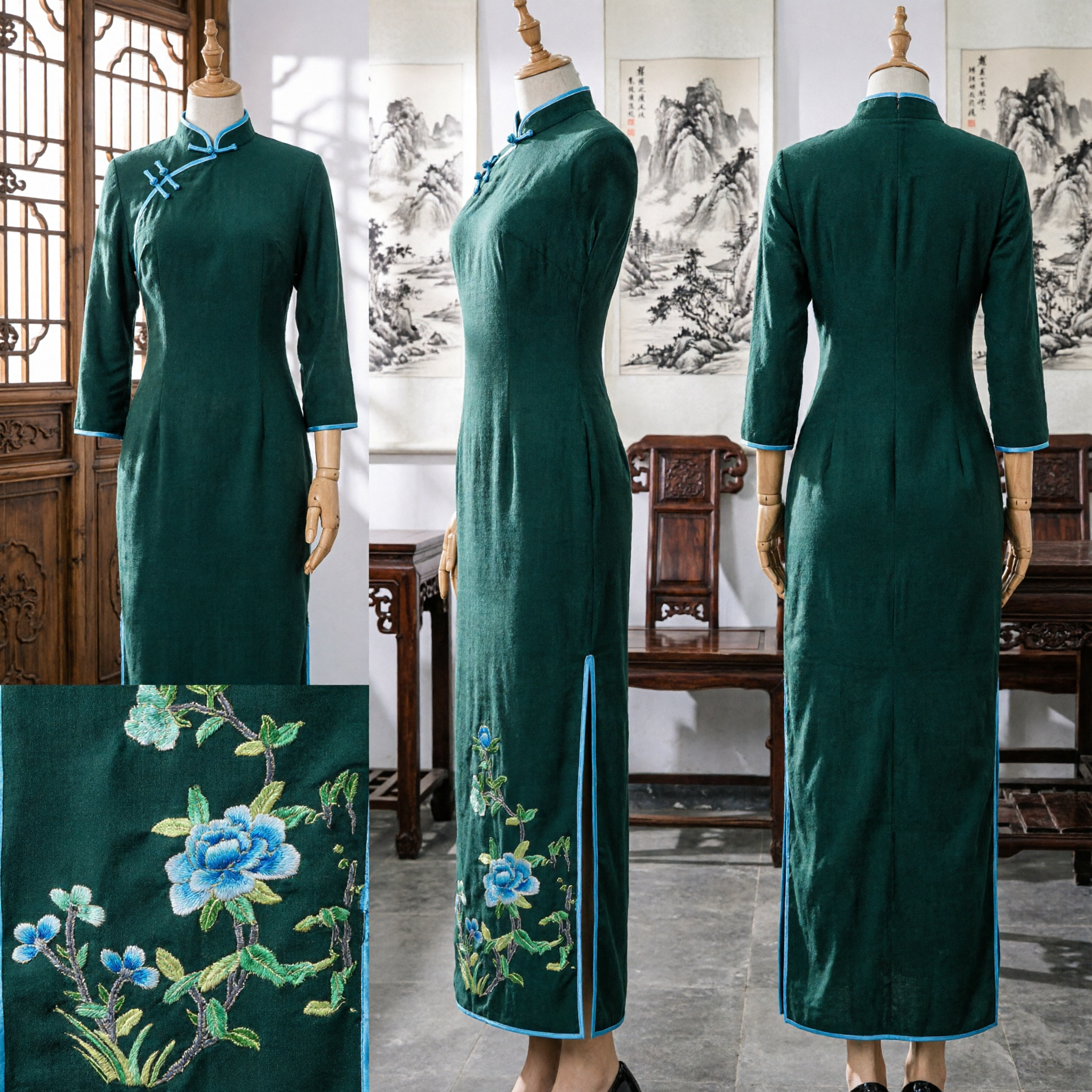 Traditional Chinese Hanfu Skirt Dark Green Floral Embroidery Ancient Style Long Skirt for Women Cultural Events - Asian Costume