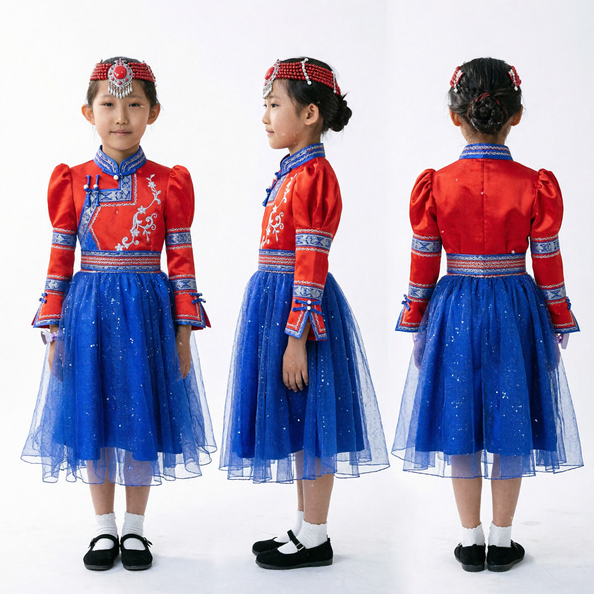 Traditional Mongolian Dance Costume for Girls Kids Ethnic Red Blue Dress with Headpiece - Asian Costume