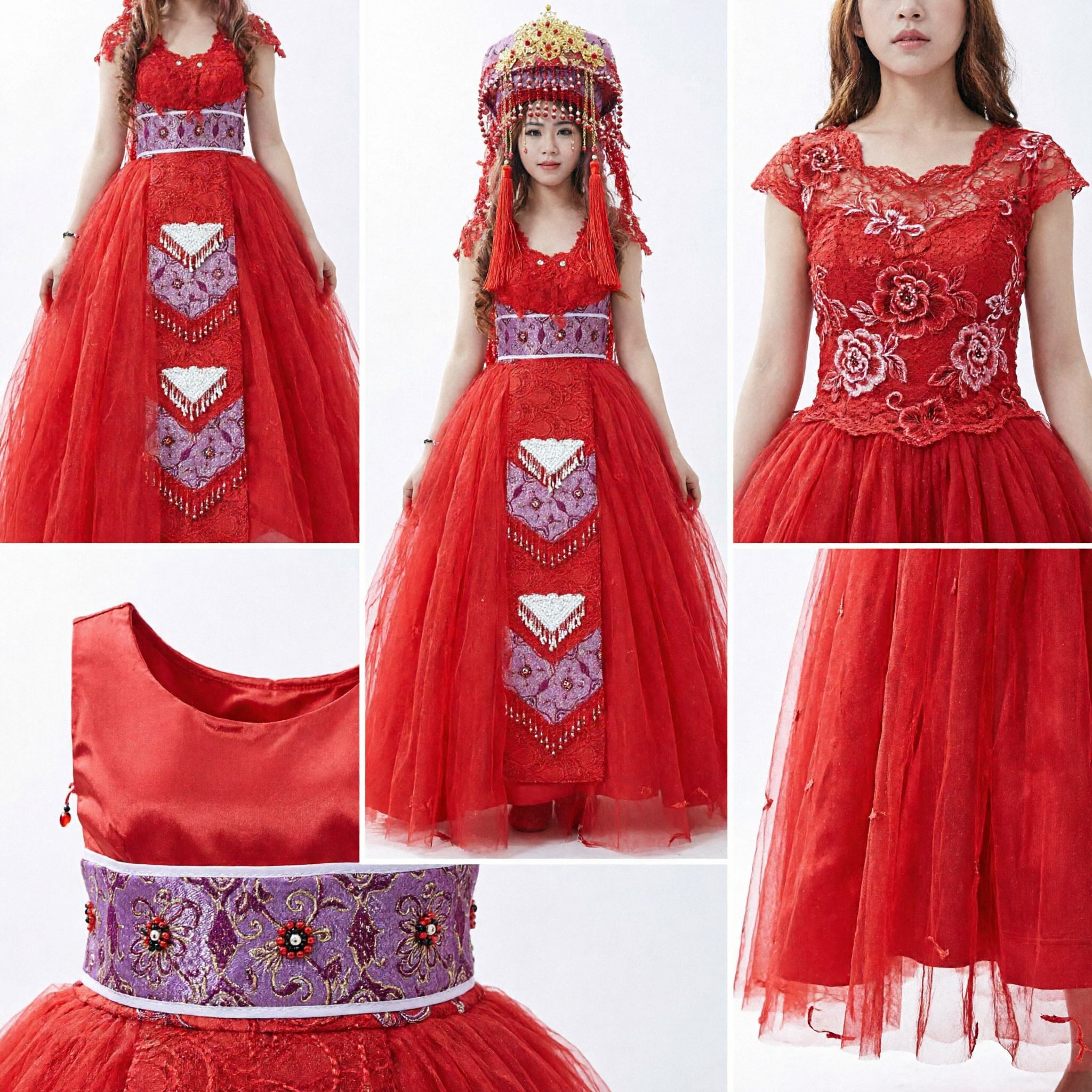 Traditional Chinese Red Ethnic Wedding Costume with Embroidered Gown and Ornate Headdress for Women - Asian Costume