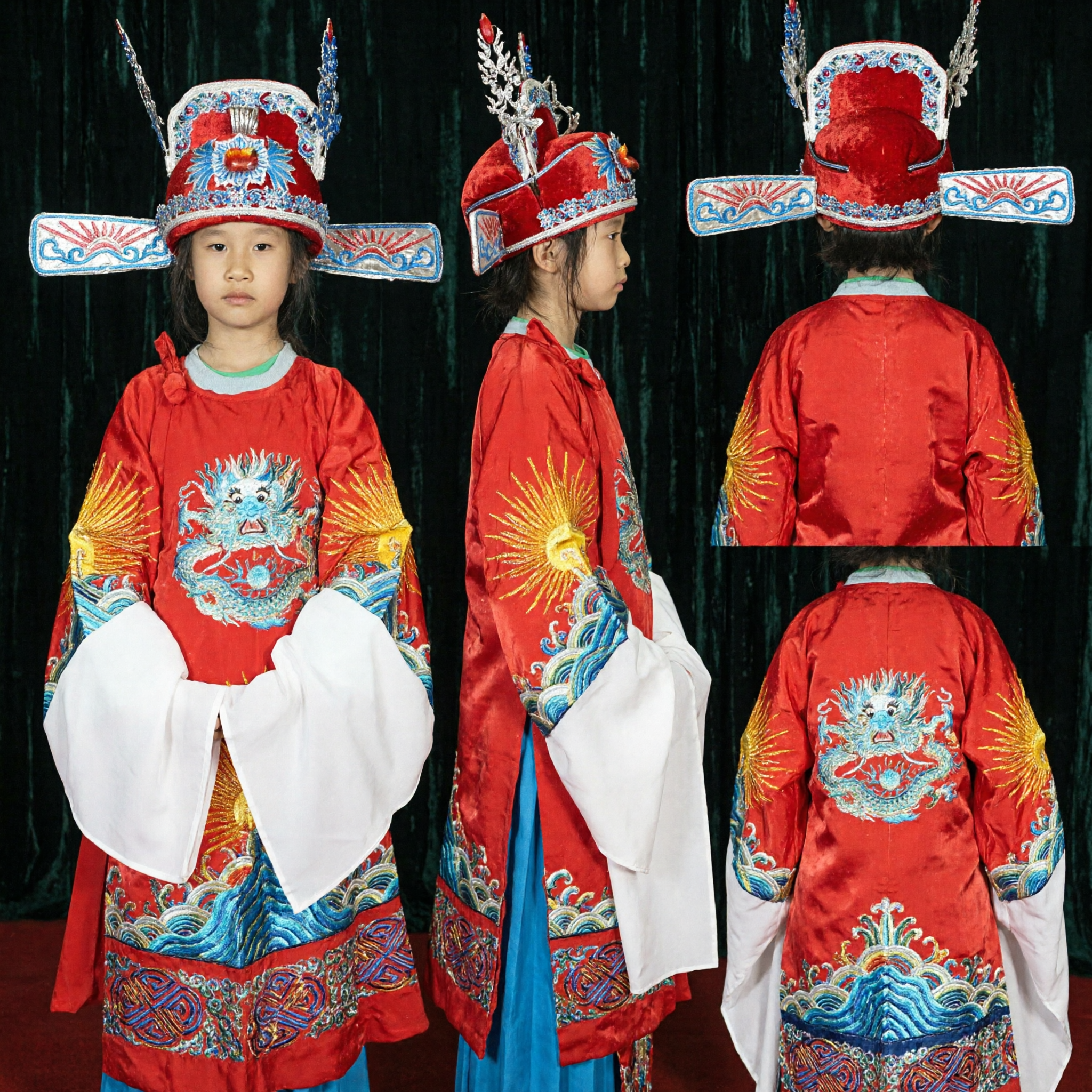 Kids Traditional Chinese Peking Opera Costume Red Dragon Robe Scholar Hat for Stage Performance Festival - Asian Costume