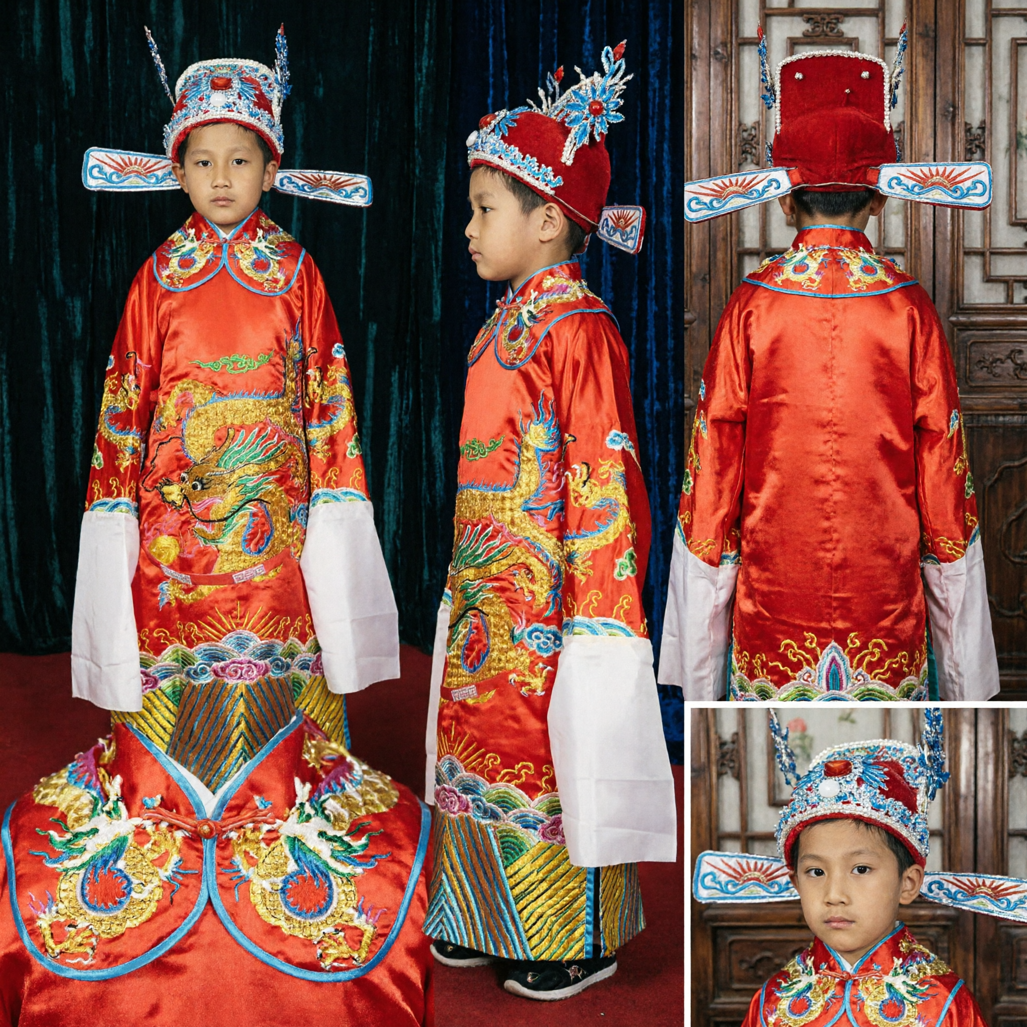Children's Traditional Chinese Peking Opera Costume Red Dragon Robe Official Hat Set for Boys Stage Performance - Asian Costume