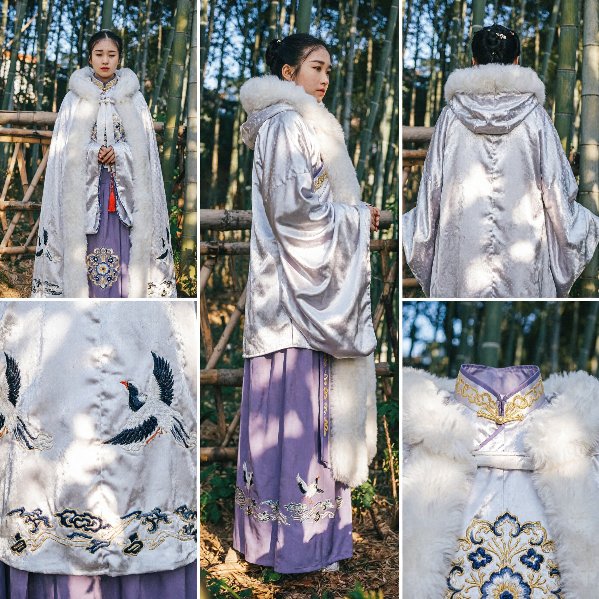 Chinese Traditional Hanfu Winter Cloak with White Fur Collar Ming Dynasty Embroidered Cape Costume for Women - Asian Costume