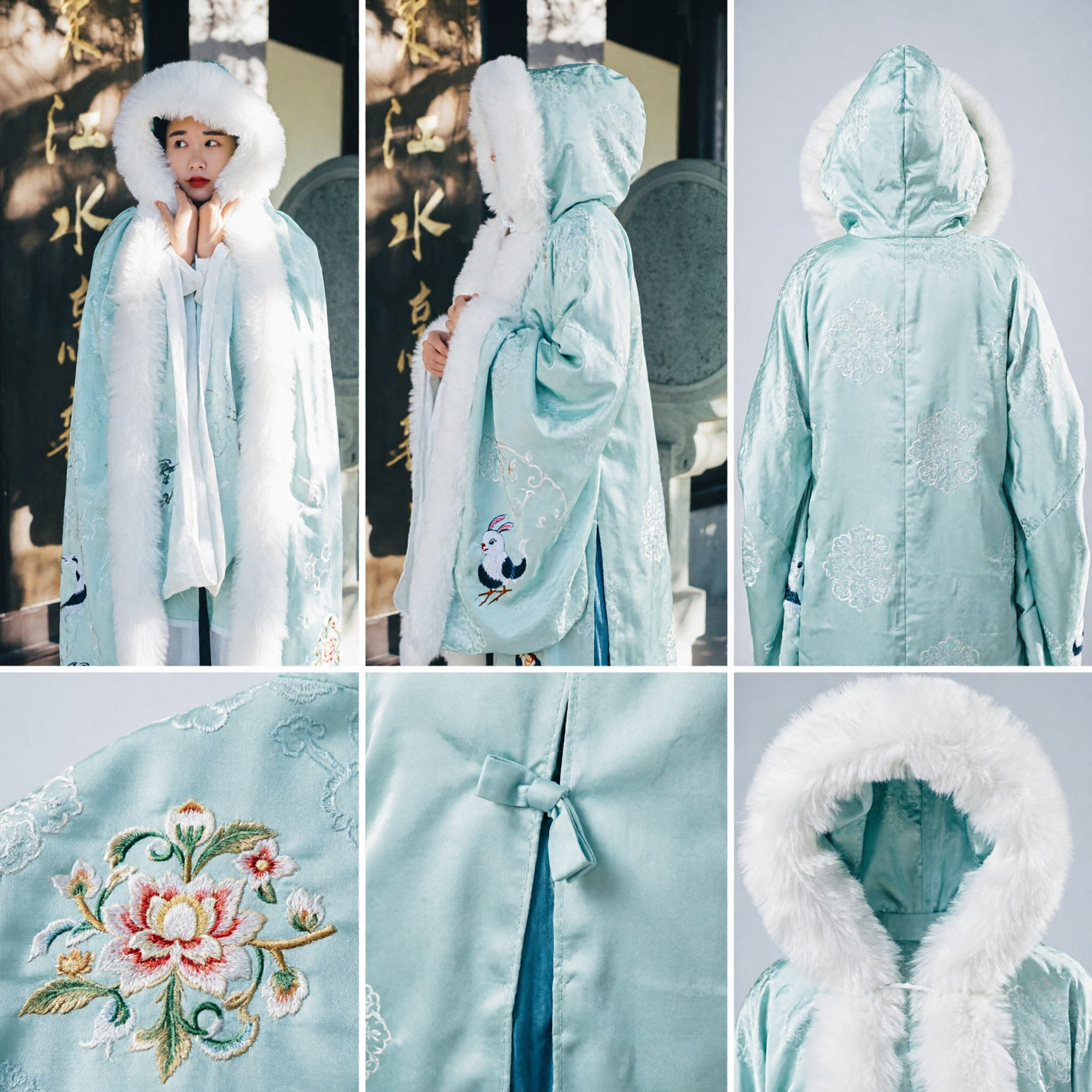 Ancient Chinese Hanfu Cloak with Fur Hood White Embroidered Doupeng Cape Winter Costume for Women - Asian Costume