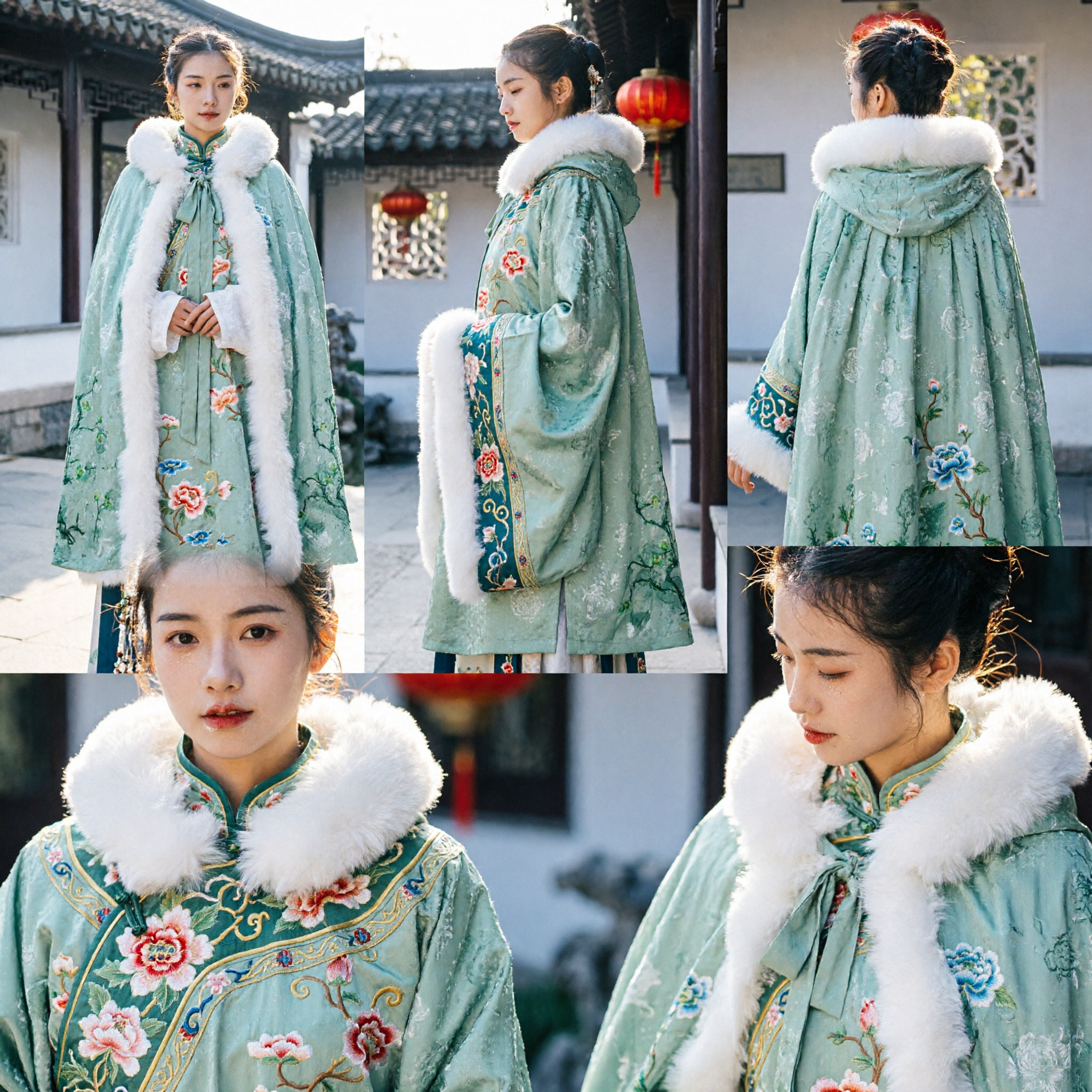 Elegant Green Velvet Hanfu Winter Cloak with White Fur Trim Traditional Chinese Floral Cape for Women - Asian Costume