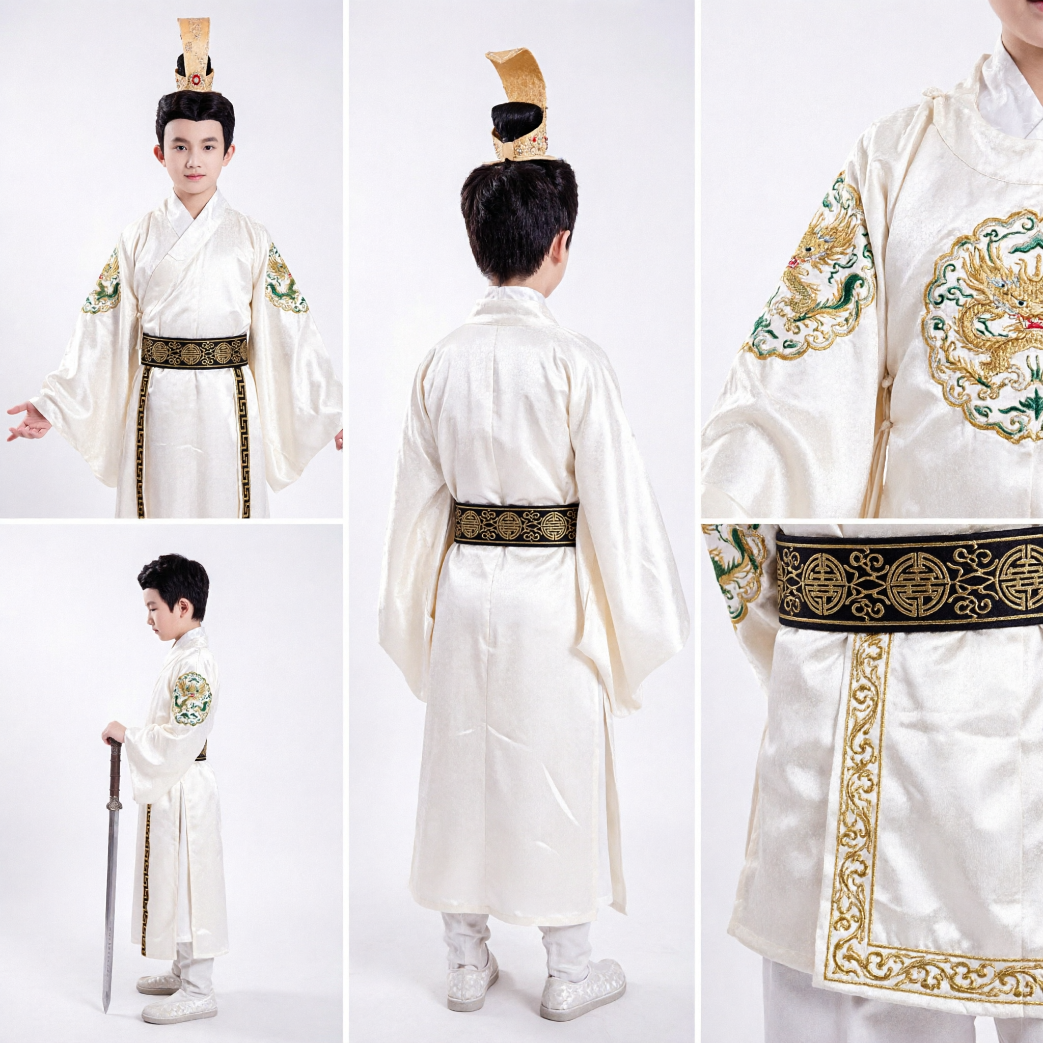 Traditional Ancient Chinese Swordsman Hanfu Costume for Boys White Fur Robe with Crown for Kids Performance - Asian Costume