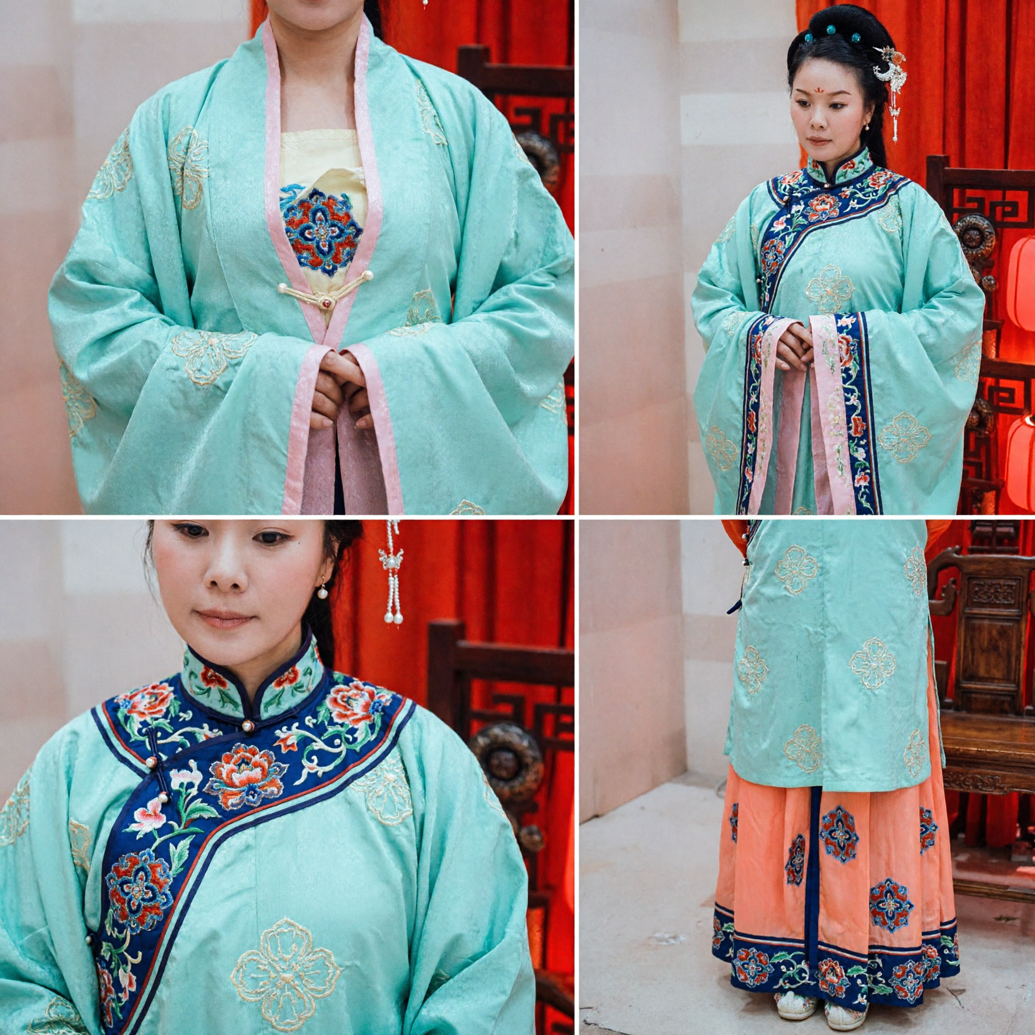 Traditional Chinese Hanfu Costume Women Ancient Princess Dress Green Wide Sleeve Top Orange Skirt for Cosplay and Performance - Asian Costume