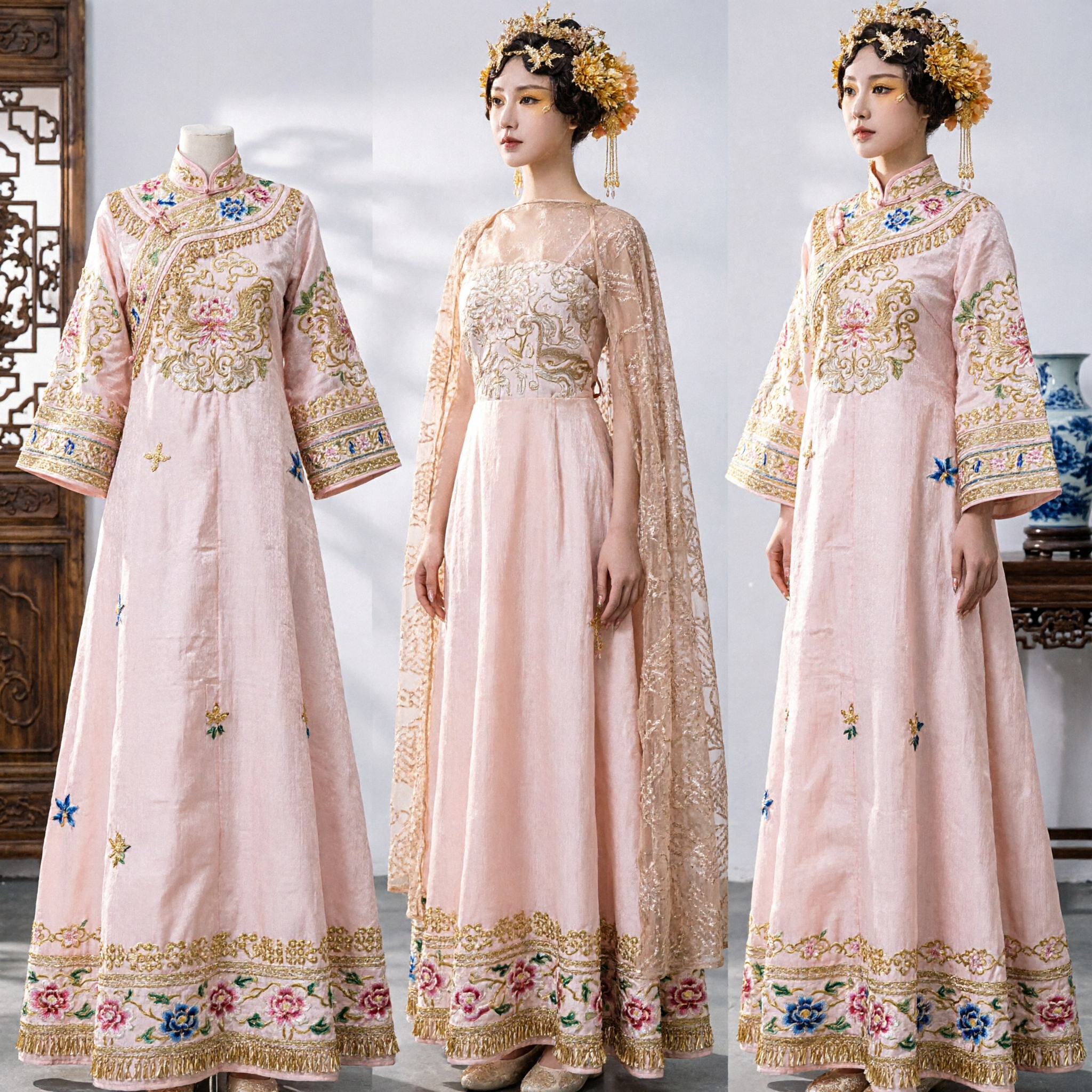 Luxurious Traditional Chinese Ancient Style Evening Gown with Gold Lace Cape for Women Formal Wear - Asian Costume