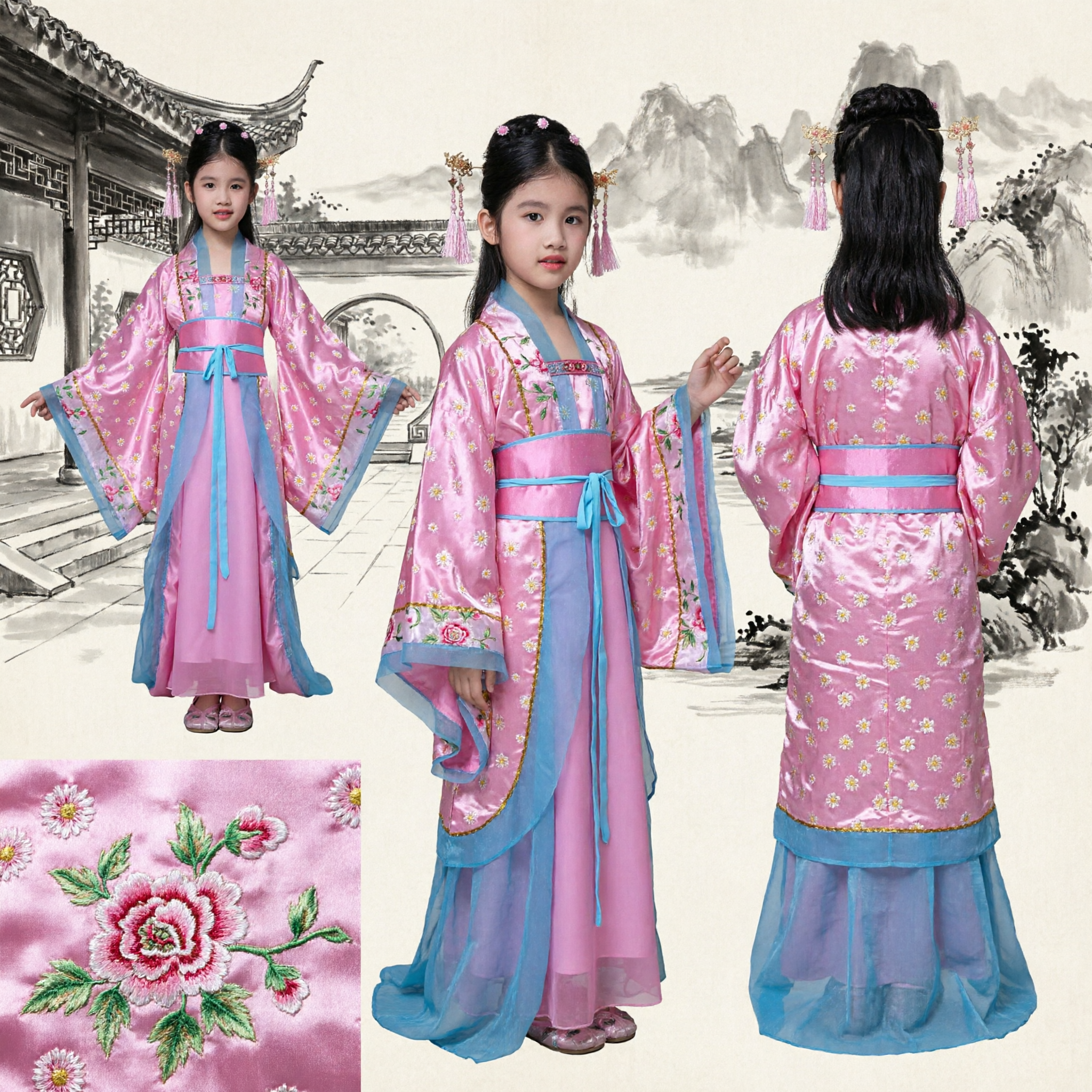 Pink Kids Girls Chinese Traditional Hanfu Costume Tang Dynasty Palace Princess Dress for Stage Performance - Asian Costume