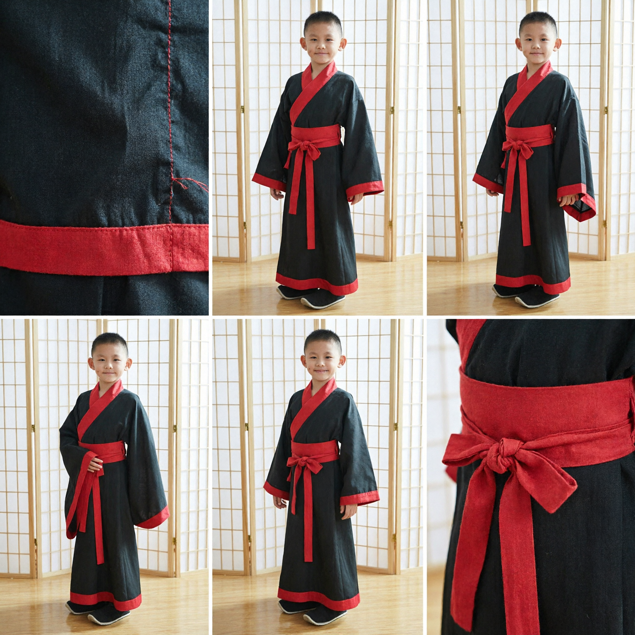 Boys Japanese Kimono Black Traditional Costume with Red Sash for Cultural Festivals and Performances - Asian Costume
