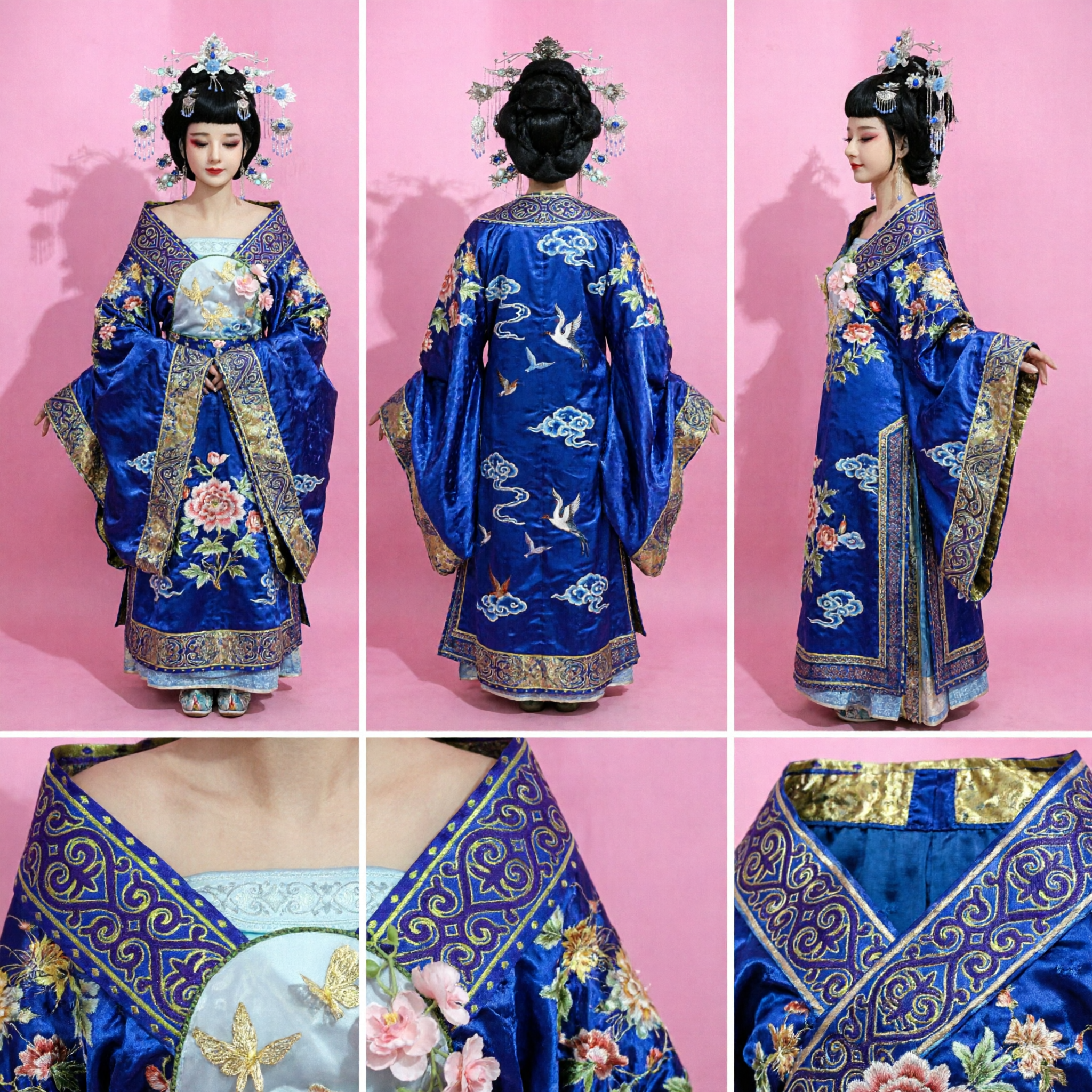 Exquisite Chinese Ancient Princess Headdress Wig Set with Blue Floral Ornaments for Traditional Hanfu Cosplay Costume - Asian Costume