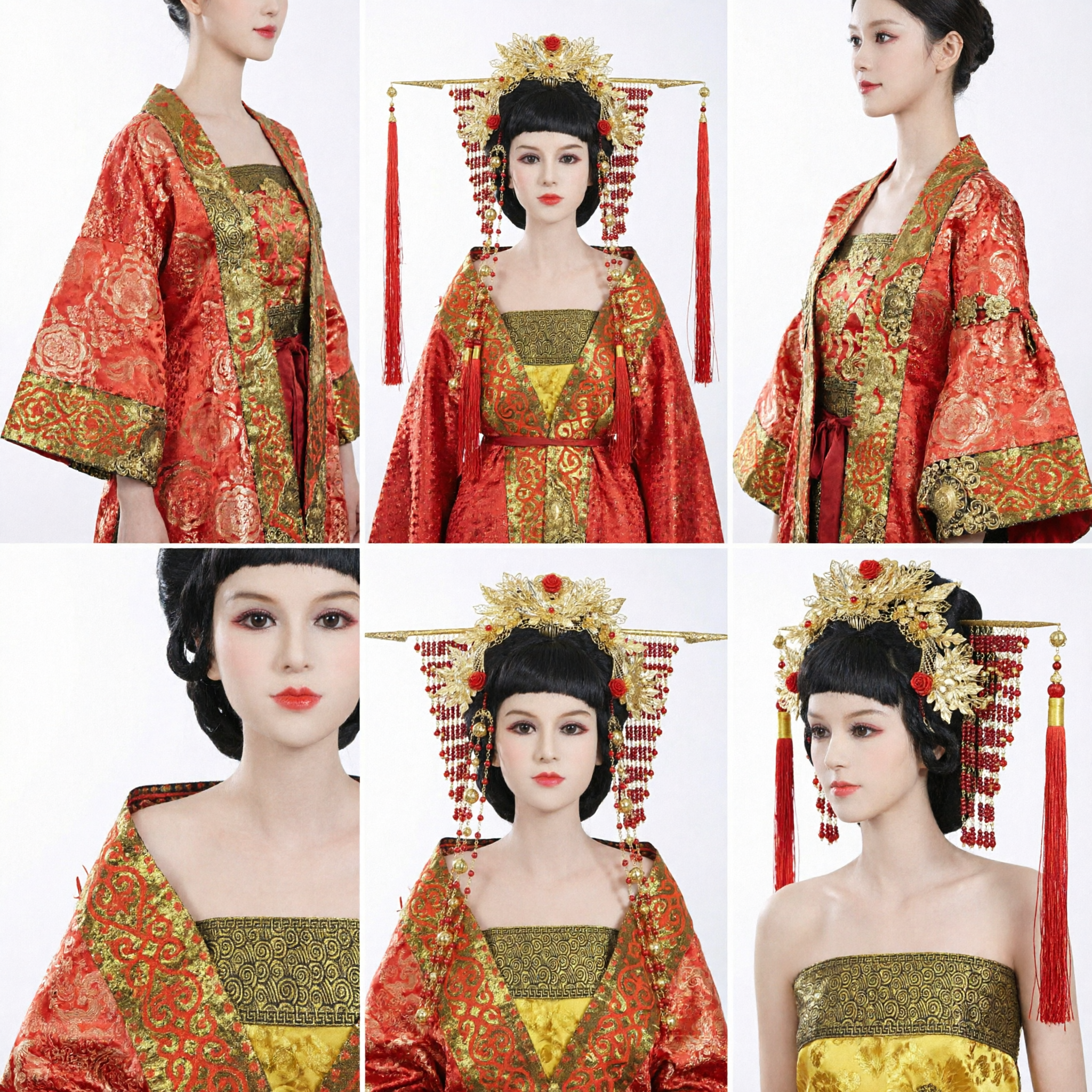 Traditional Chinese Phoenix Crown Gold Filigree Headdress with Red Beads for Hanfu Wedding Bride Empress Costume - Asian Costume