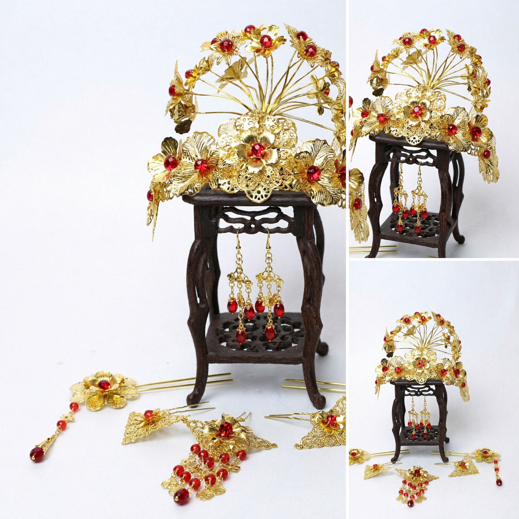 Traditional Chinese Gold Floral Hair Crown Set with Red Gems Hanfu Bridal Wedding Headpiece Accessories for Women - Asian Costume