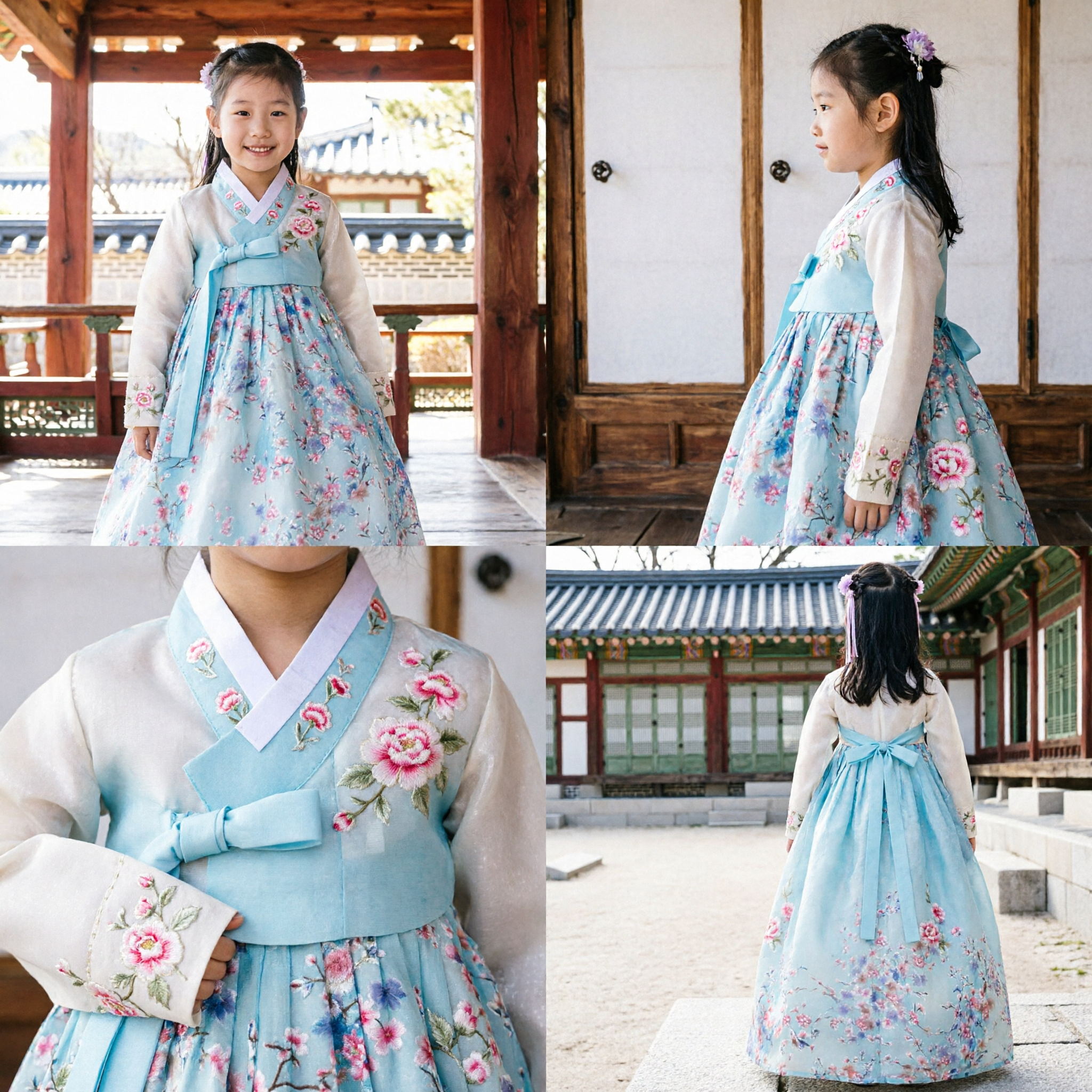 Traditional Korean Hanbok for Girls Kids Blue Floral Dress Costume for Performance and Festivals - Asian Costume