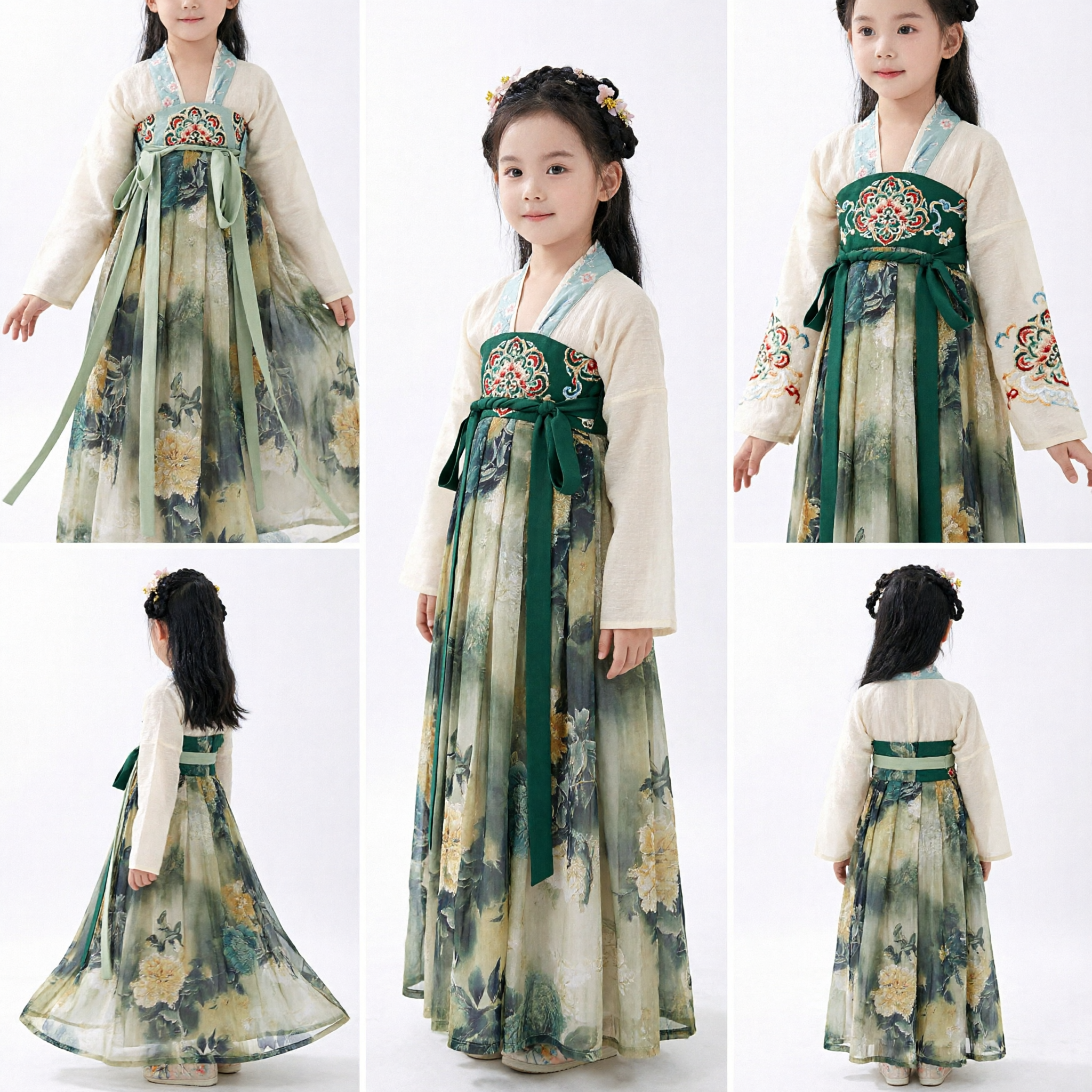 Traditional Chinese Hanfu Dress for Girls Tang Dynasty Style Floral Embroidered Princess Costume for Kids - Asian Costume