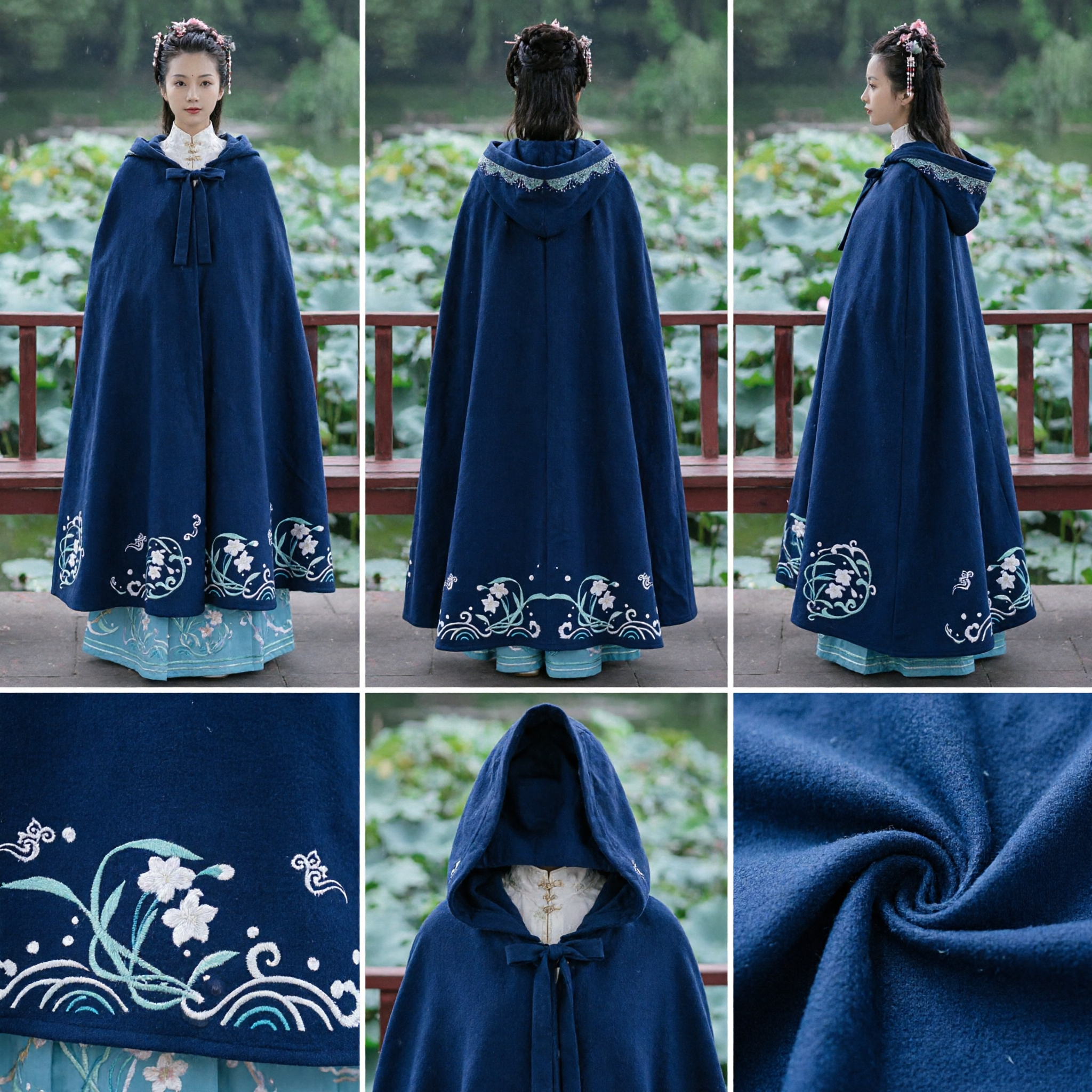Traditional Chinese Hanfu Dark Blue Embroidered Winter Cloak Ancient Style Cape for Women - Asian Costume