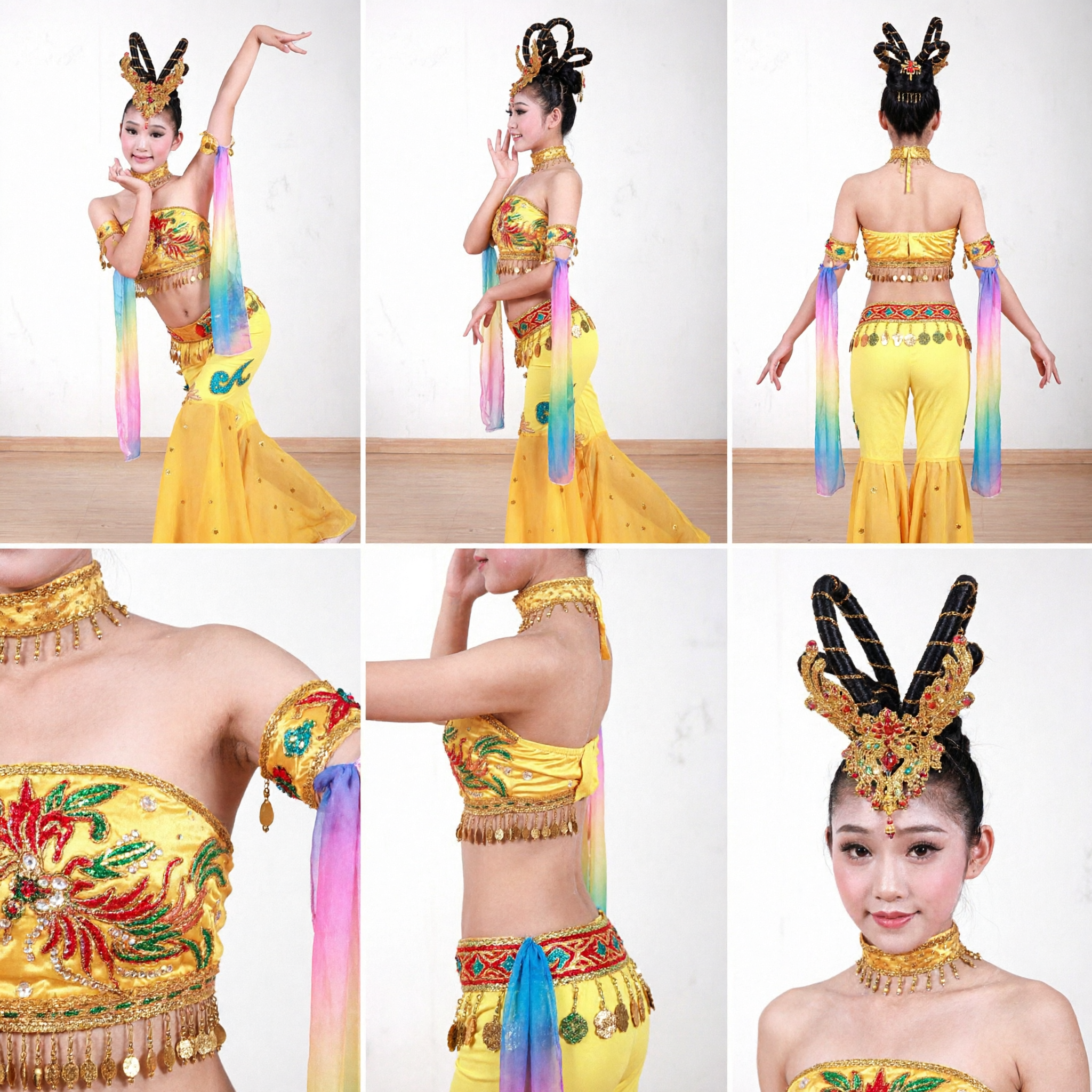 Girls Yellow Dai Peacock Dance Costume Chinese Traditional Stage Performance Dress with Headpiece and Sleeves - Asian Costume