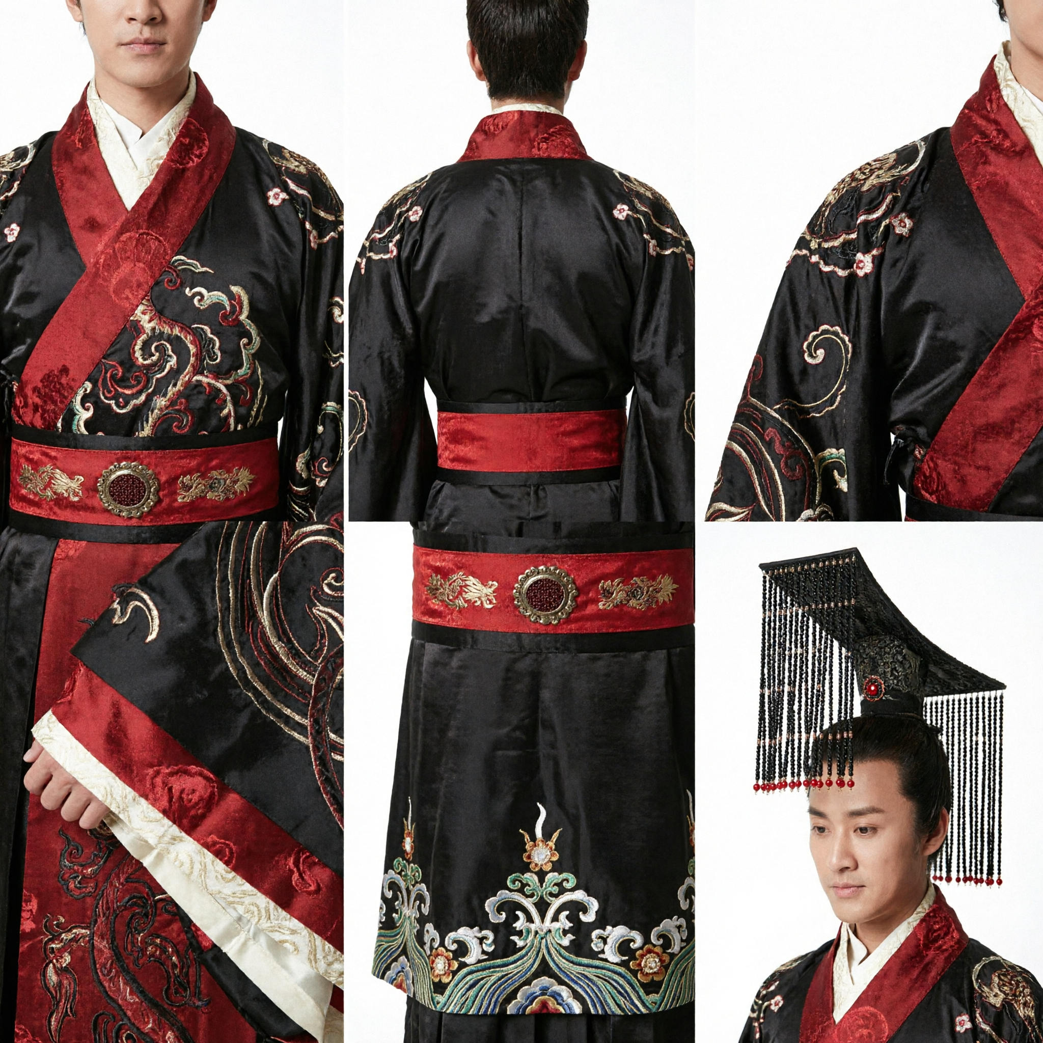 Men's Ancient Chinese Emperor Costume Traditional Hanfu Robe Black and Red Historical Drama Cosplay Outfit - Asian Costume