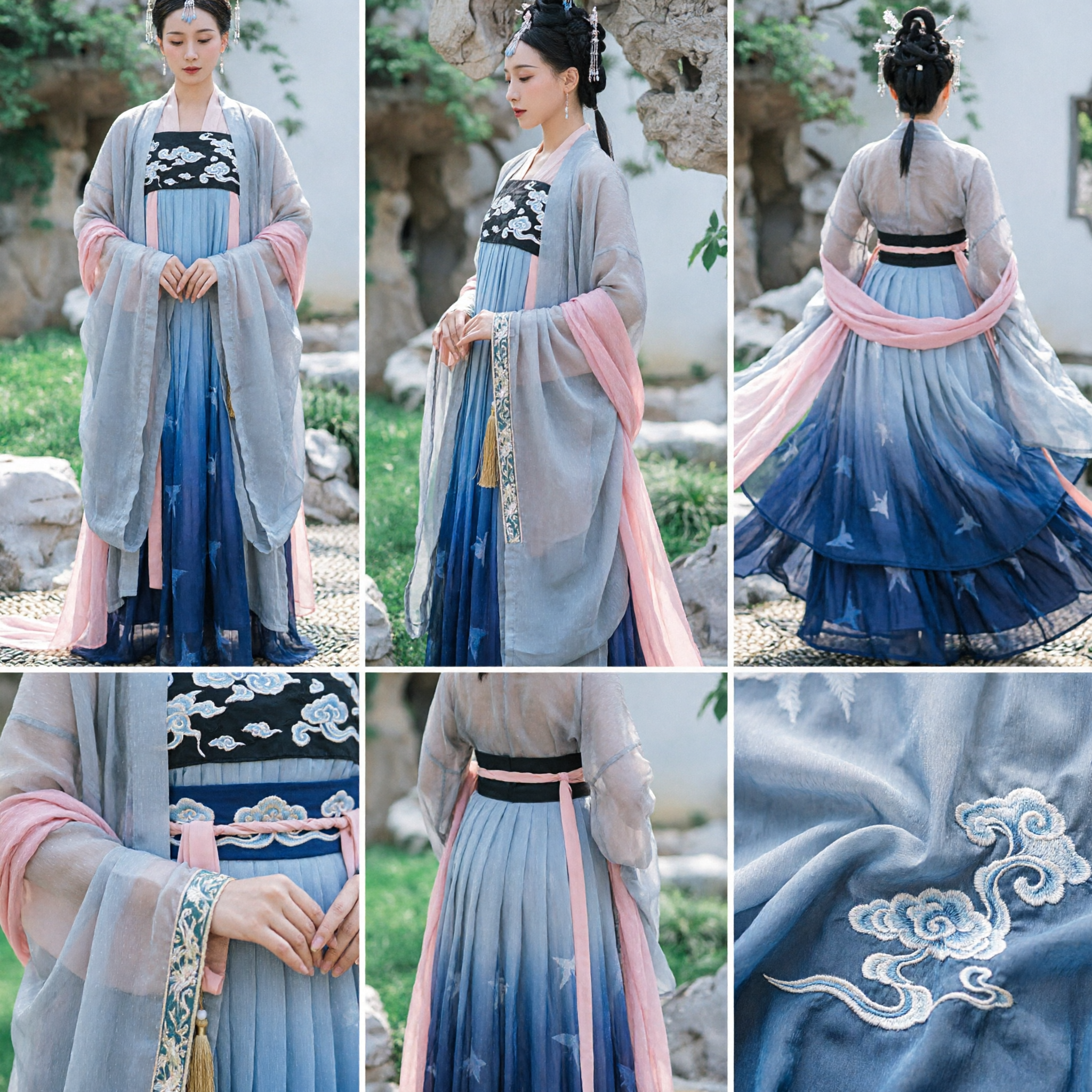 Chinese Traditional Tang Dynasty Hanfu Princess Costume Blue Gradient Ancient Fairy Dress for Women Photography - Asian Costume
