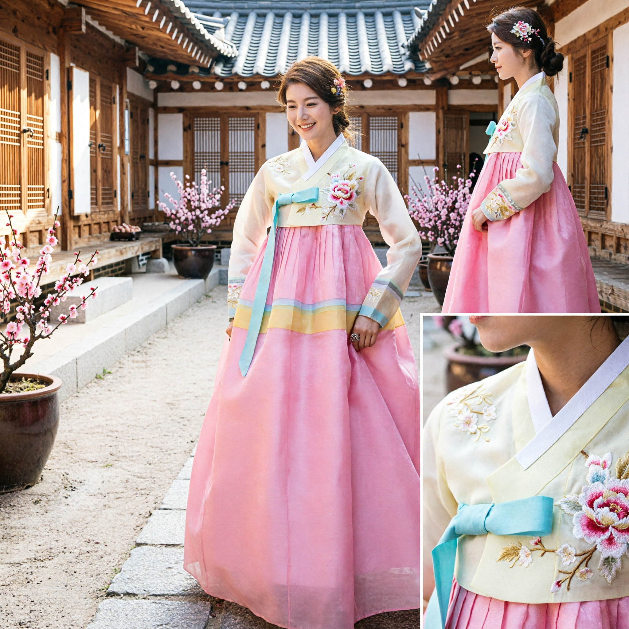 Elegant Traditional Korean Hanbok for Women Pink Chima Skirt Cream Jeogori Top Wedding Holiday Costume - Asian Costume