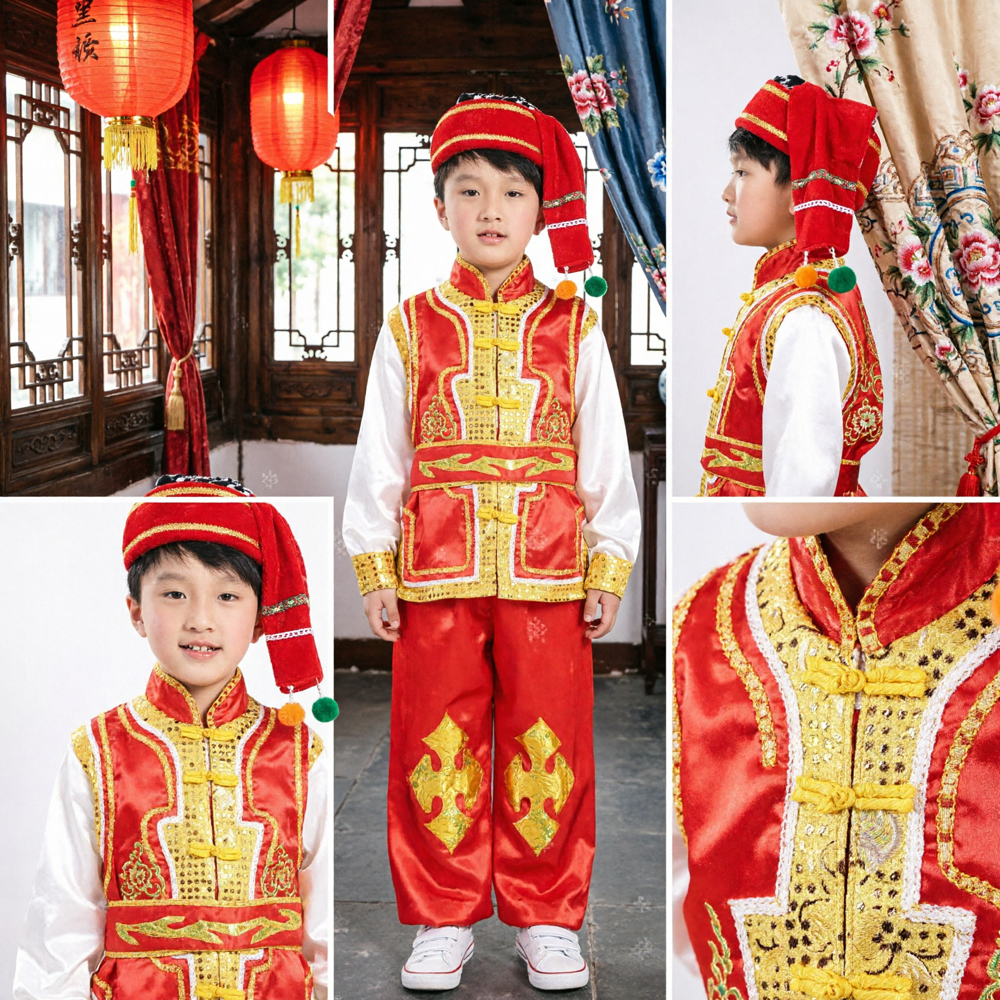 Boys Traditional Chinese Yangge Dance Costume Red and Gold Folk Performance Outfit Set - Asian Costume