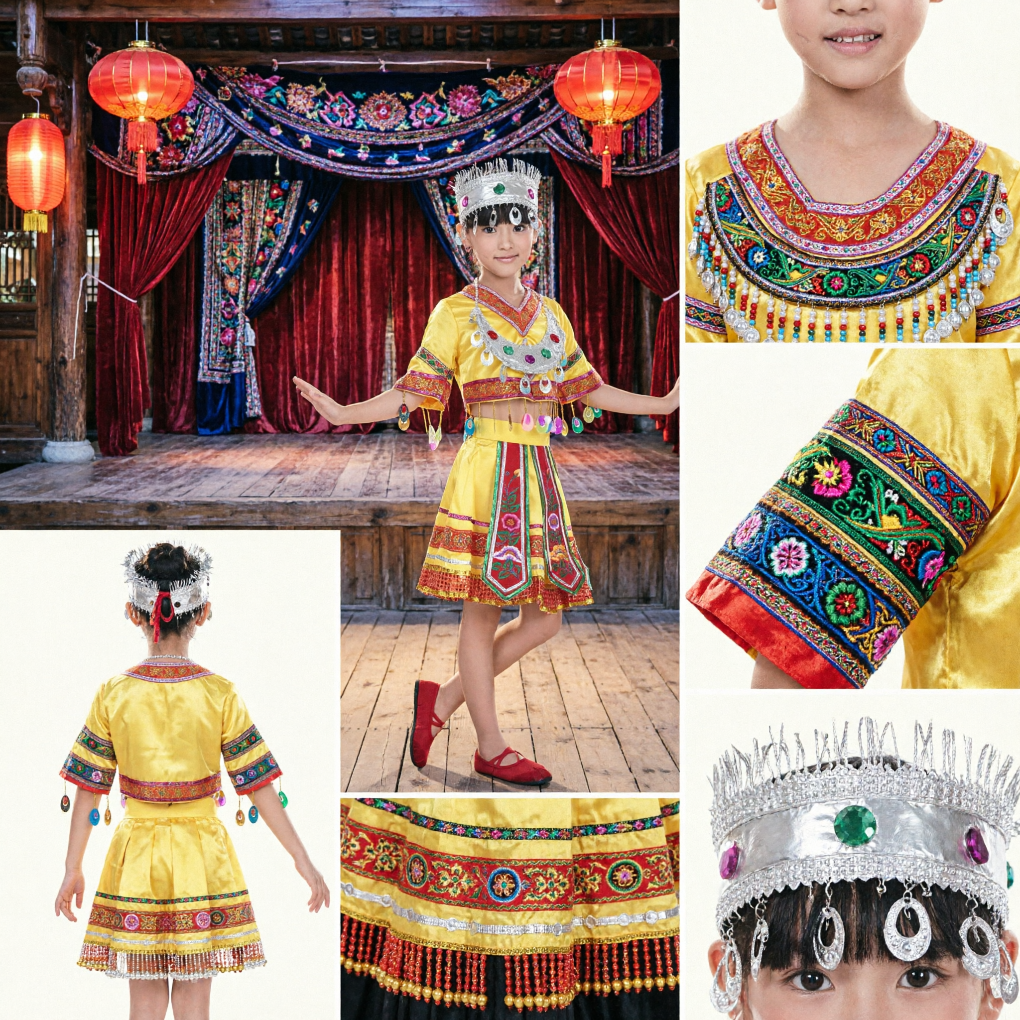 Kids Chinese Ethnic Yellow Miao Dance Costume Traditional Folk Stage Performance Outfit for Girls - Asian Costume