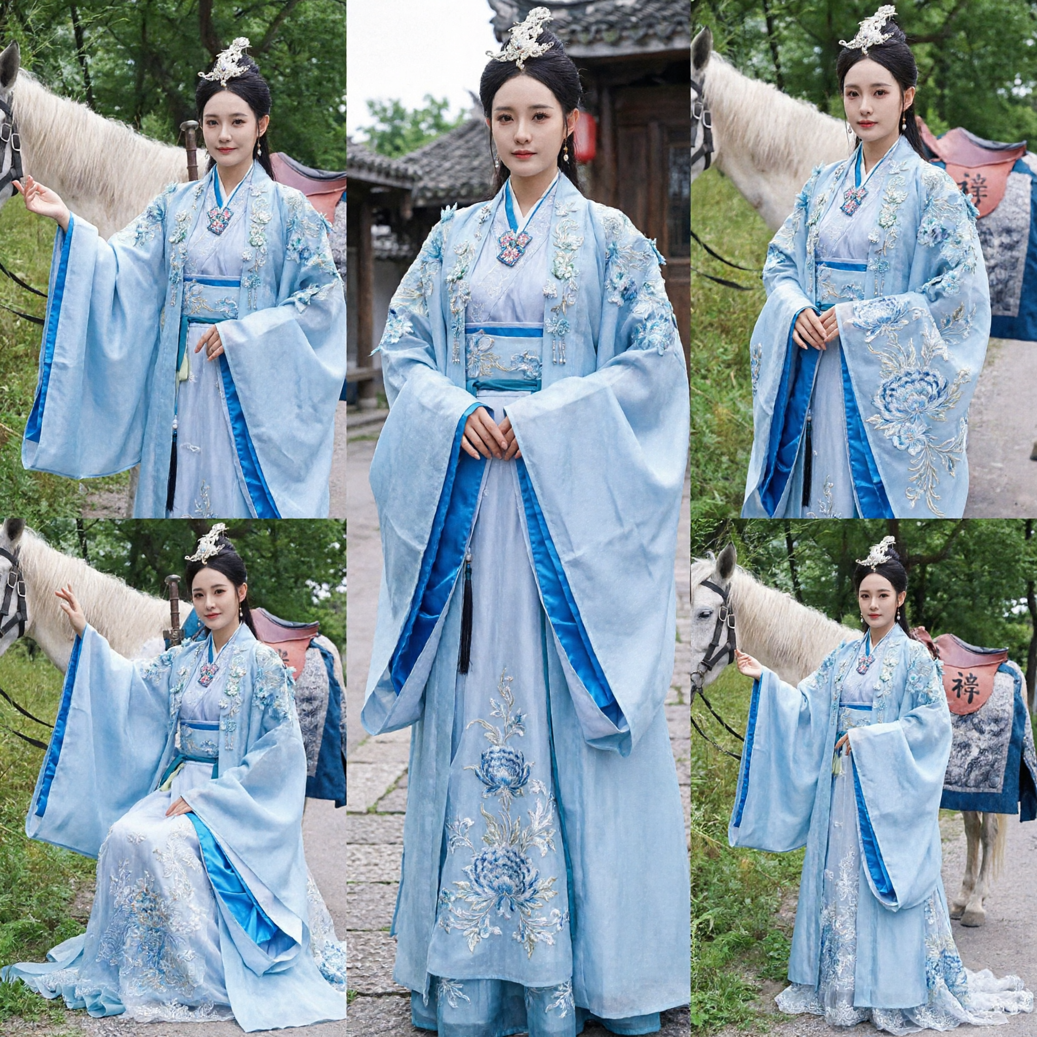 Traditional Chinese Hanfu Costume Blue Ancient Fairy Dress Embroidered Wide Sleeve Outfit for Women - Asian Costume