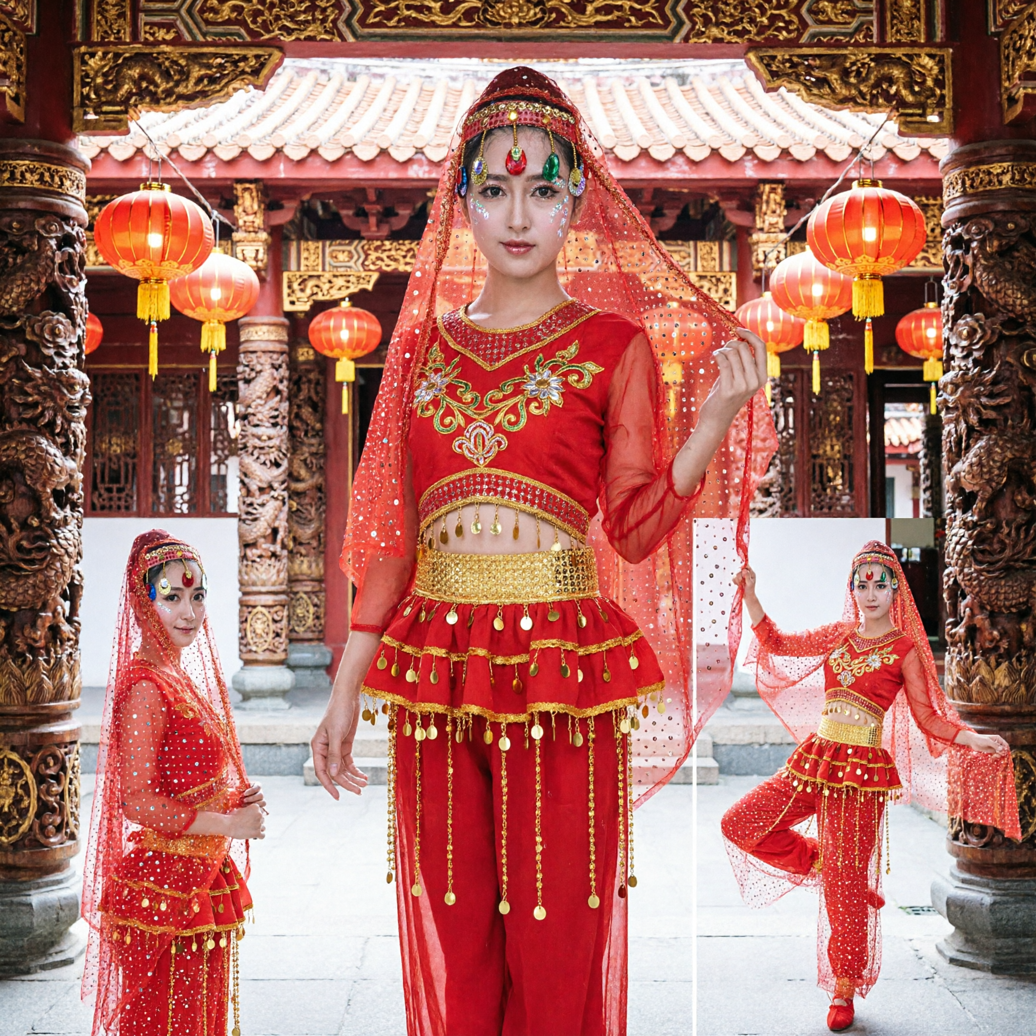 Women's Red Sequin Bollywood Style Dance Costume with Veil and Gold Fringe for Stage Performance - Asian Costume