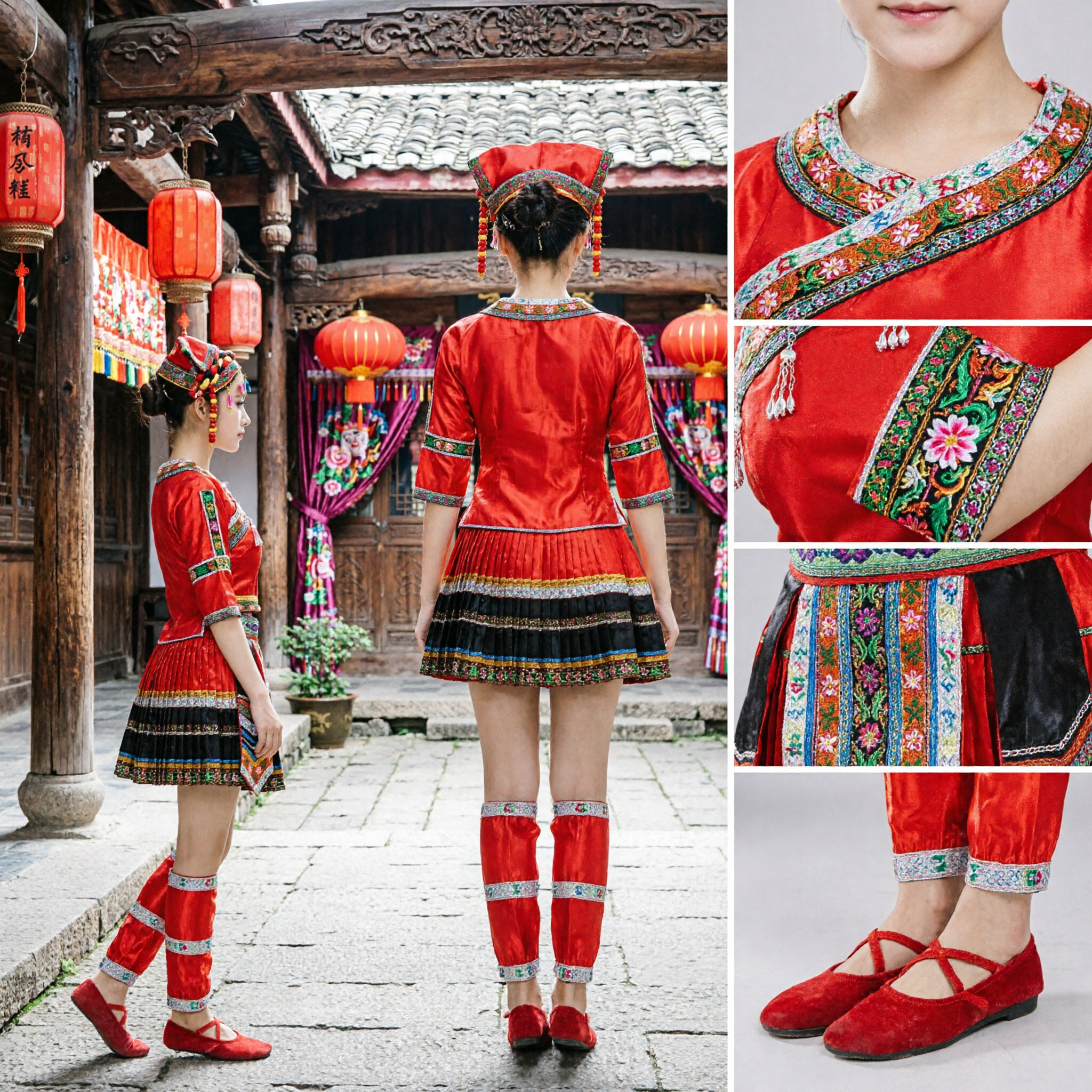 Chinese Traditional Zhuang Nationality Folk Dance Costume Red Embroidered Dress Set for Women Stage Performance - Asian Costume