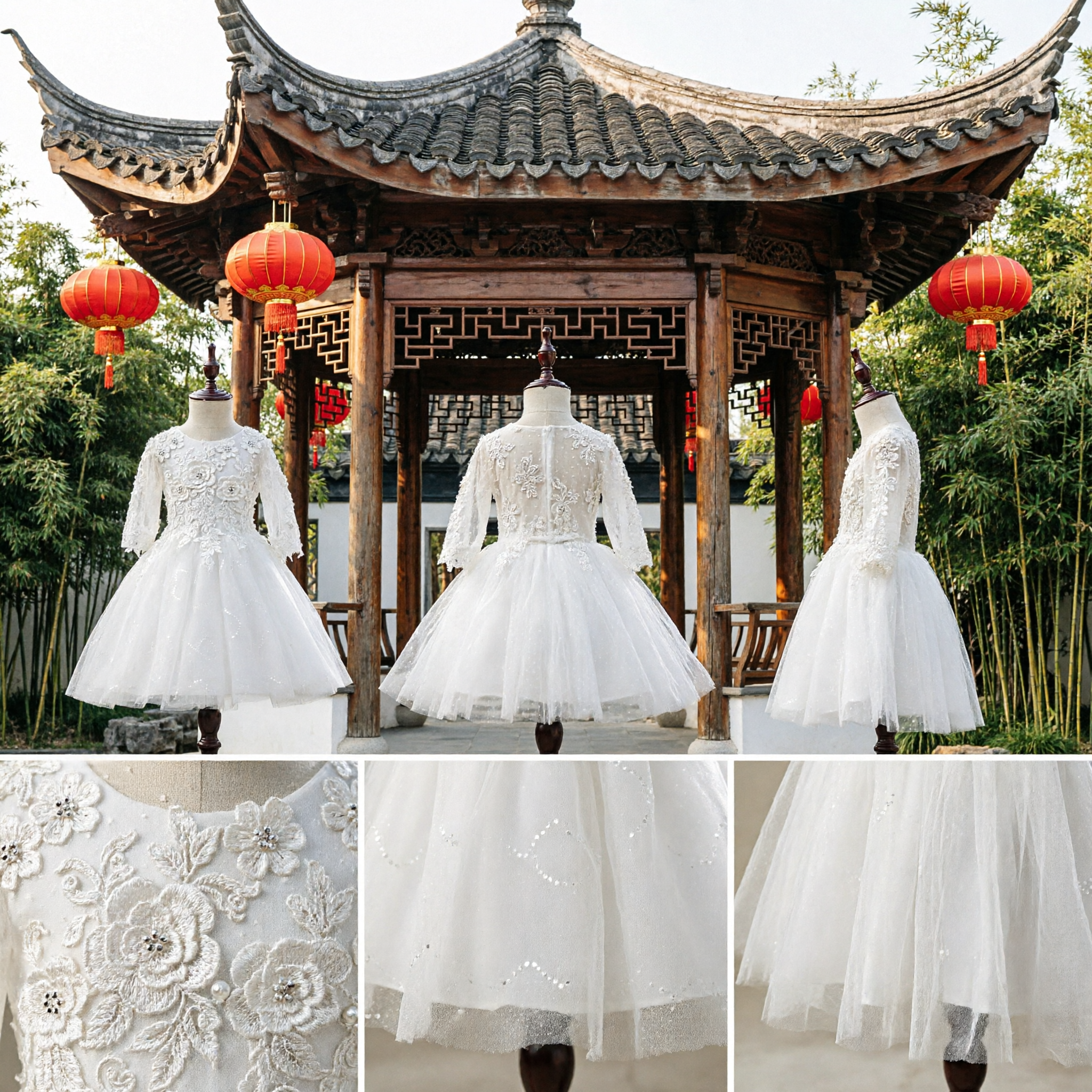 Elegant White Lace Applique Flower Girl Dress Long Sleeve Tulle Skirt First Communion Wedding Party Gown - Asian Costume