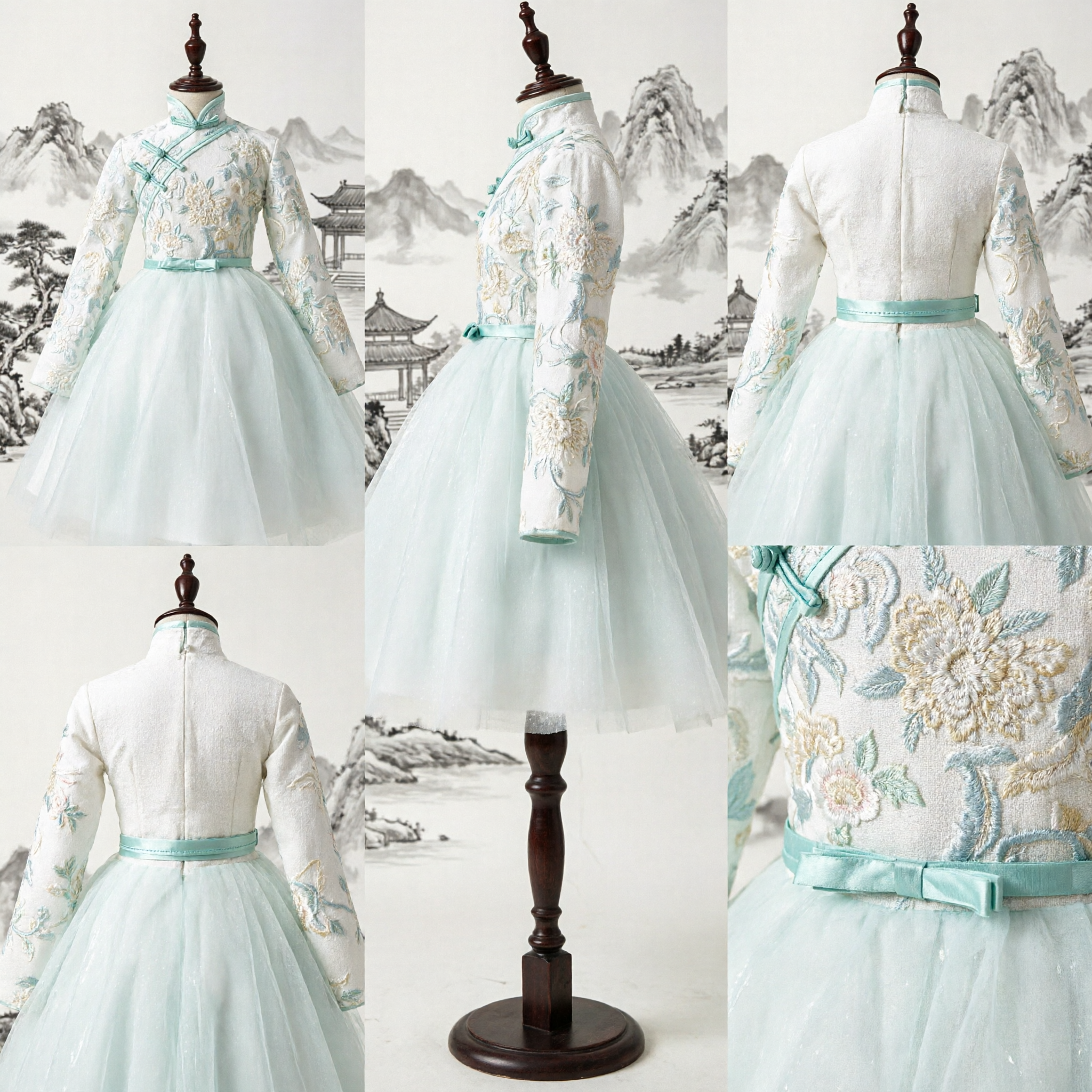 Elegant White Lace Chinese Qipao Dress for Girls Long Sleeve Tulle Wedding Flower Girl Gown - Asian Costume