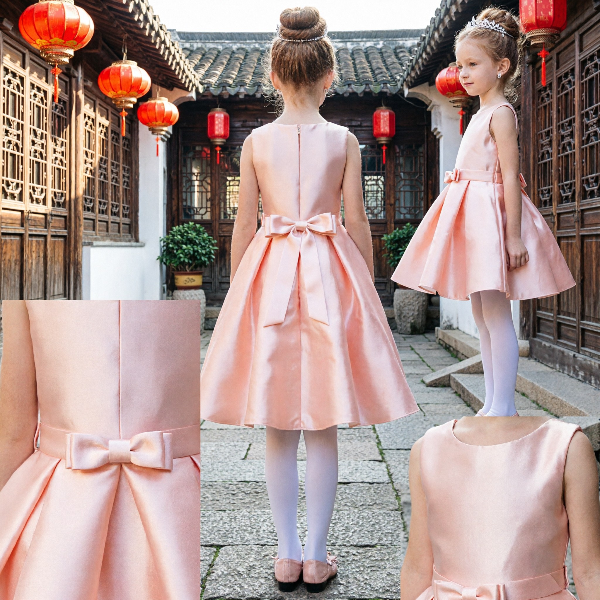 Elegant Peach Satin Sleeveless Flower Girl Dress with Waist Bow for Kids Wedding Party - Asian Costume