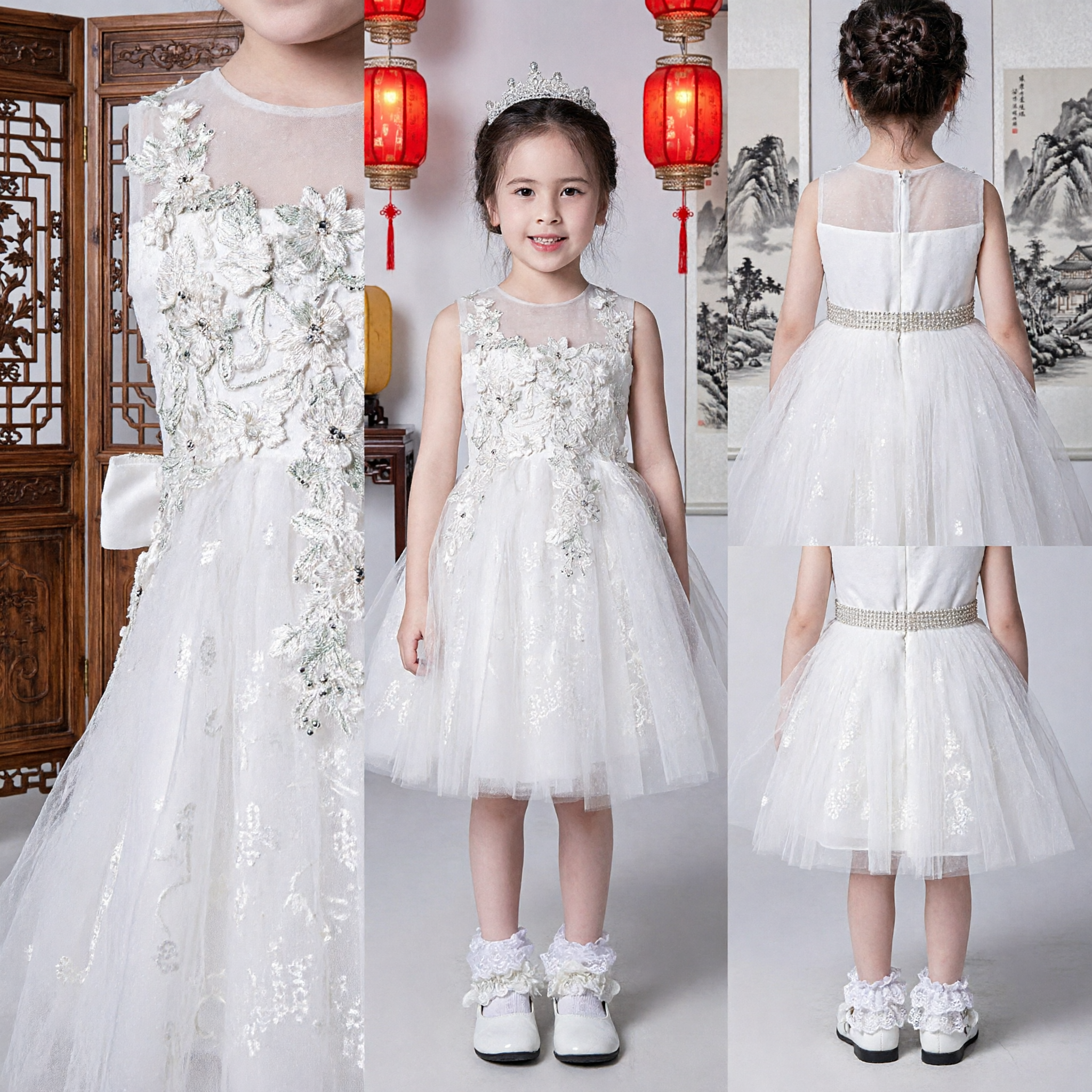 Elegant White Lace Flower Girl Dress Kids Wedding Party Princess Formal Gown Tulle Skirt Sleeveless - Asian Costume