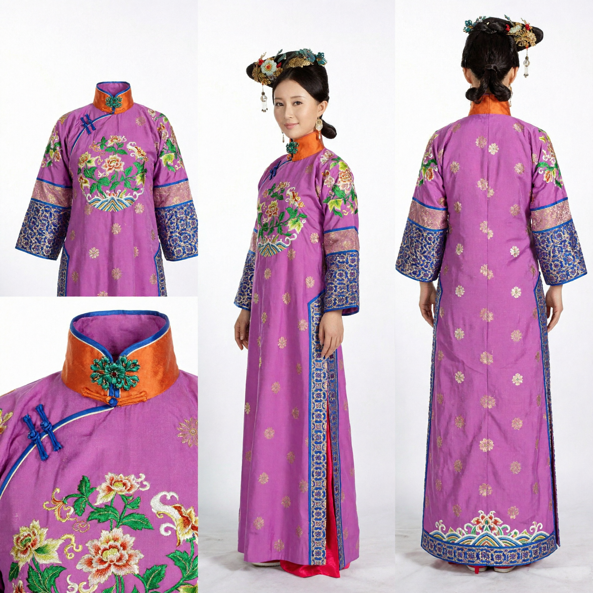 Ancient Chinese Qing Dynasty Palace Lady Purple Embroidered Robe Traditional Manchu Costume for Women Stage Performance - Asian Costume