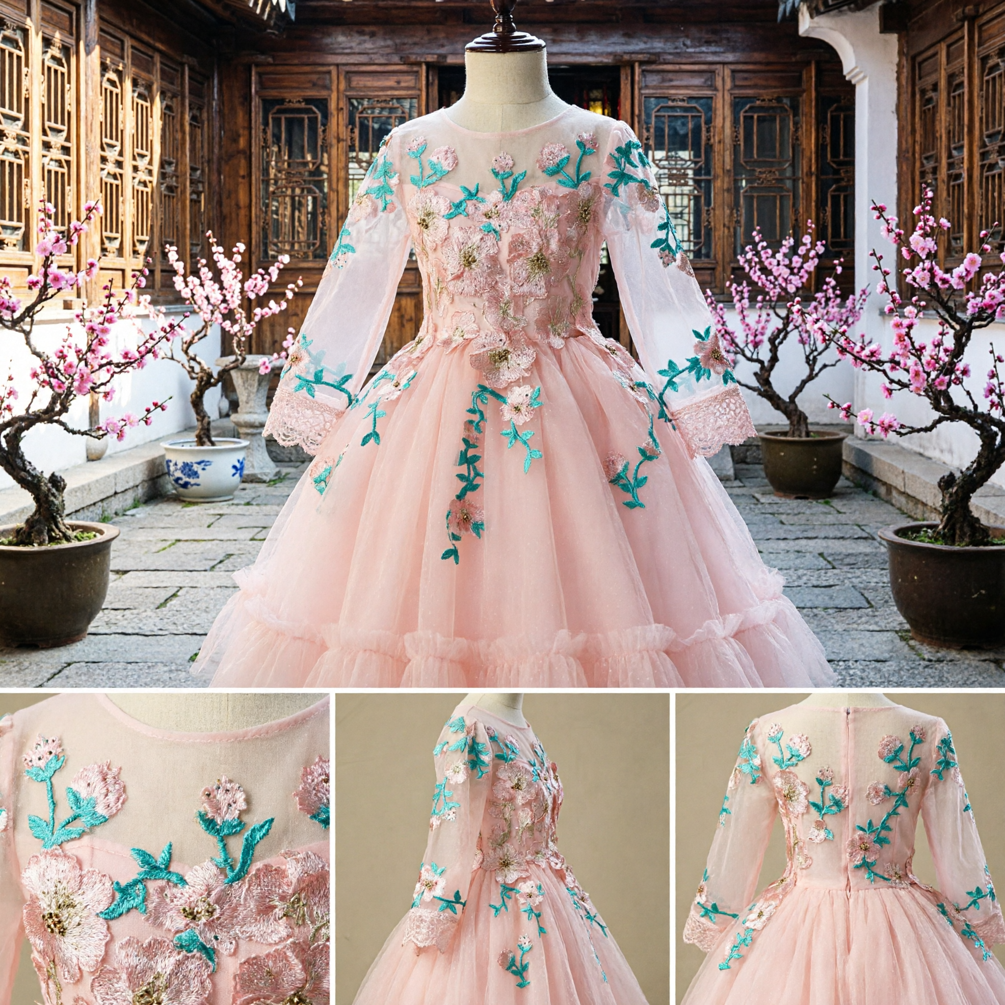 Girls Pink Floral Embroidered Long Sleeve Tulle Ball Gown Dress for Wedding Flower Girl Pageant - Asian Costume