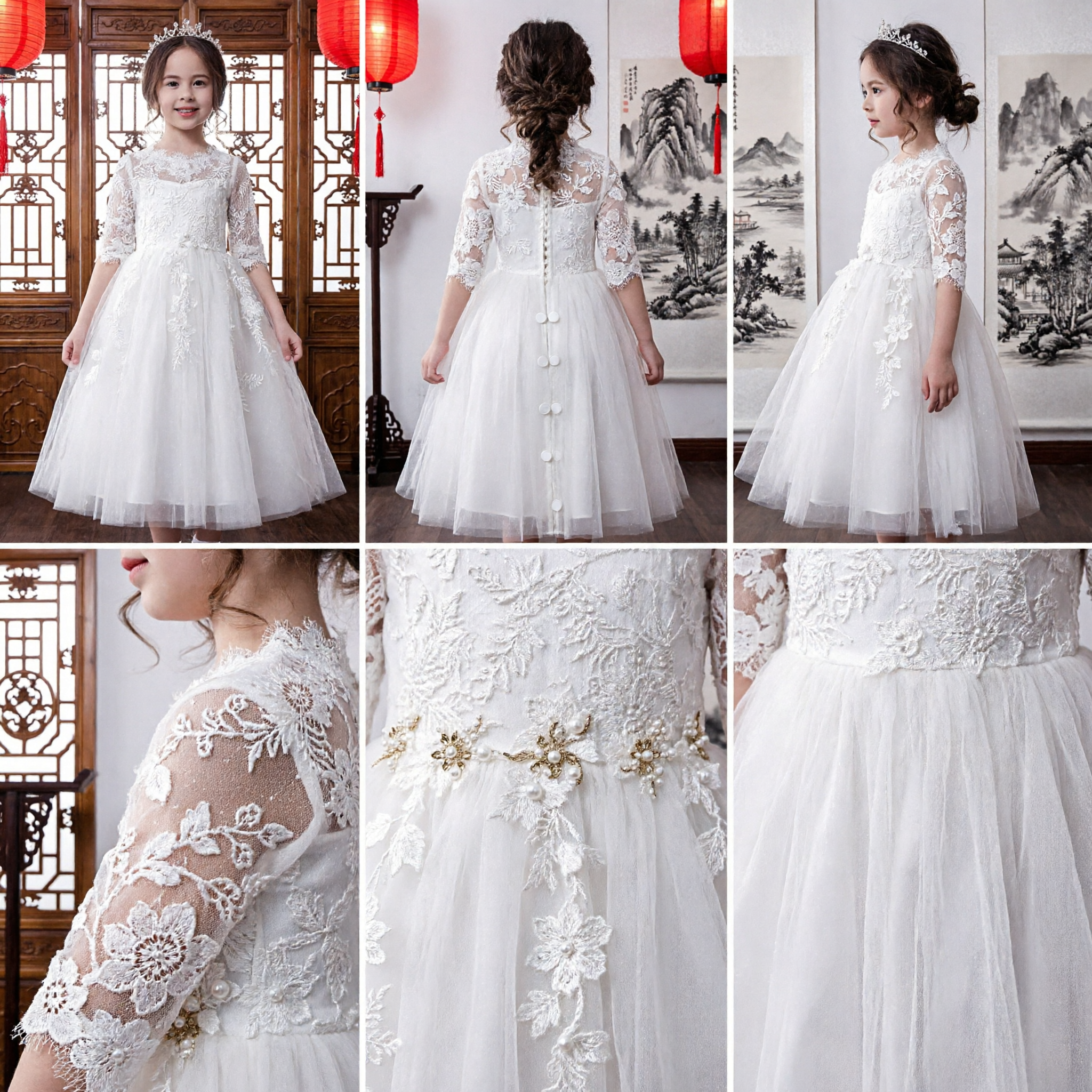 Elegant White Lace Long Sleeve Flower Girl Dress Floor Length Tulle First Communion Gown - Asian Costume