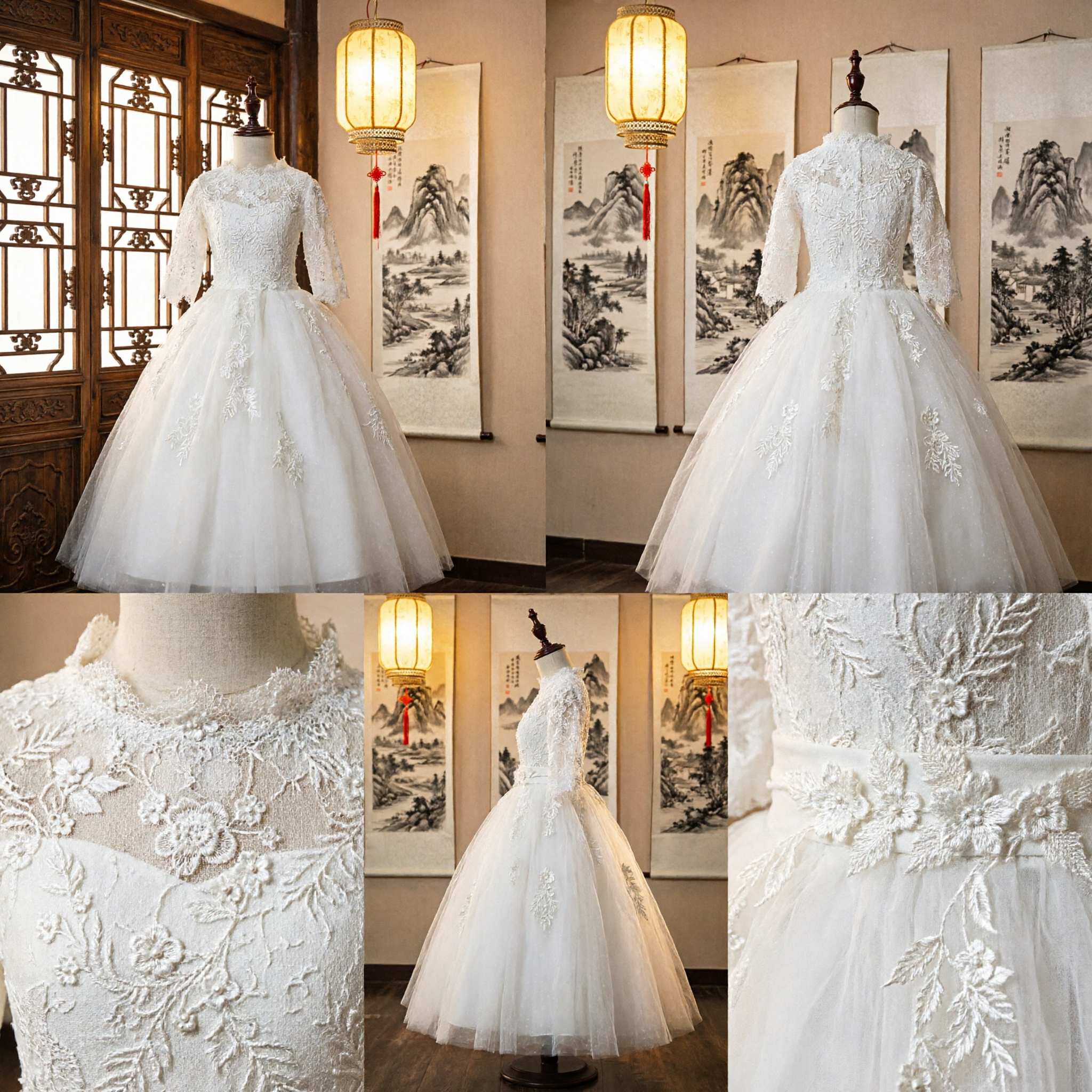 Elegant Girls White Lace First Communion Dress Long Sleeve Flower Girl Ballgown Formal Gown - Asian Costume