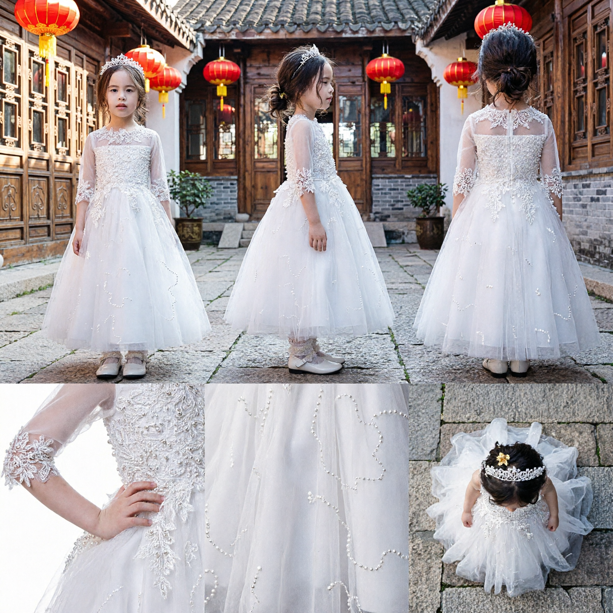 Elegant White Flower Girl Dress Long Sleeve Lace Bodice Tulle Skirt First Communion Gown for Kids - Asian Costume