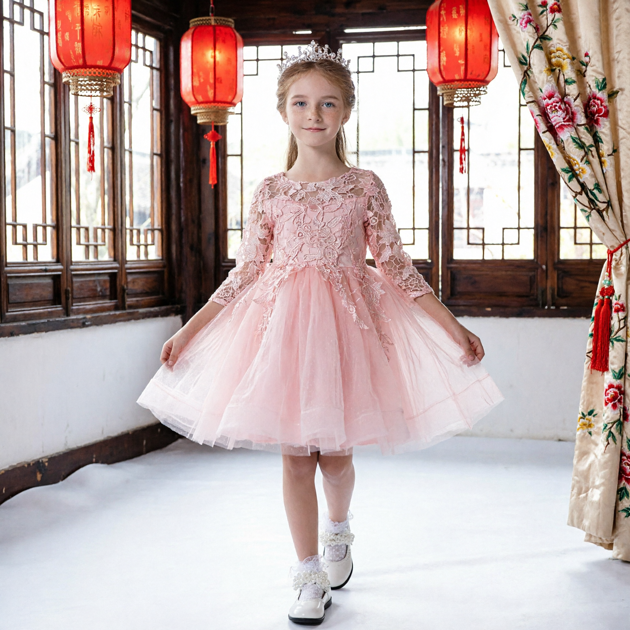 Elegant Pink Lace Appliqué Tulle Princess Dress for Girls Flower Girl Wedding Party Formal Gown - Asian Costume