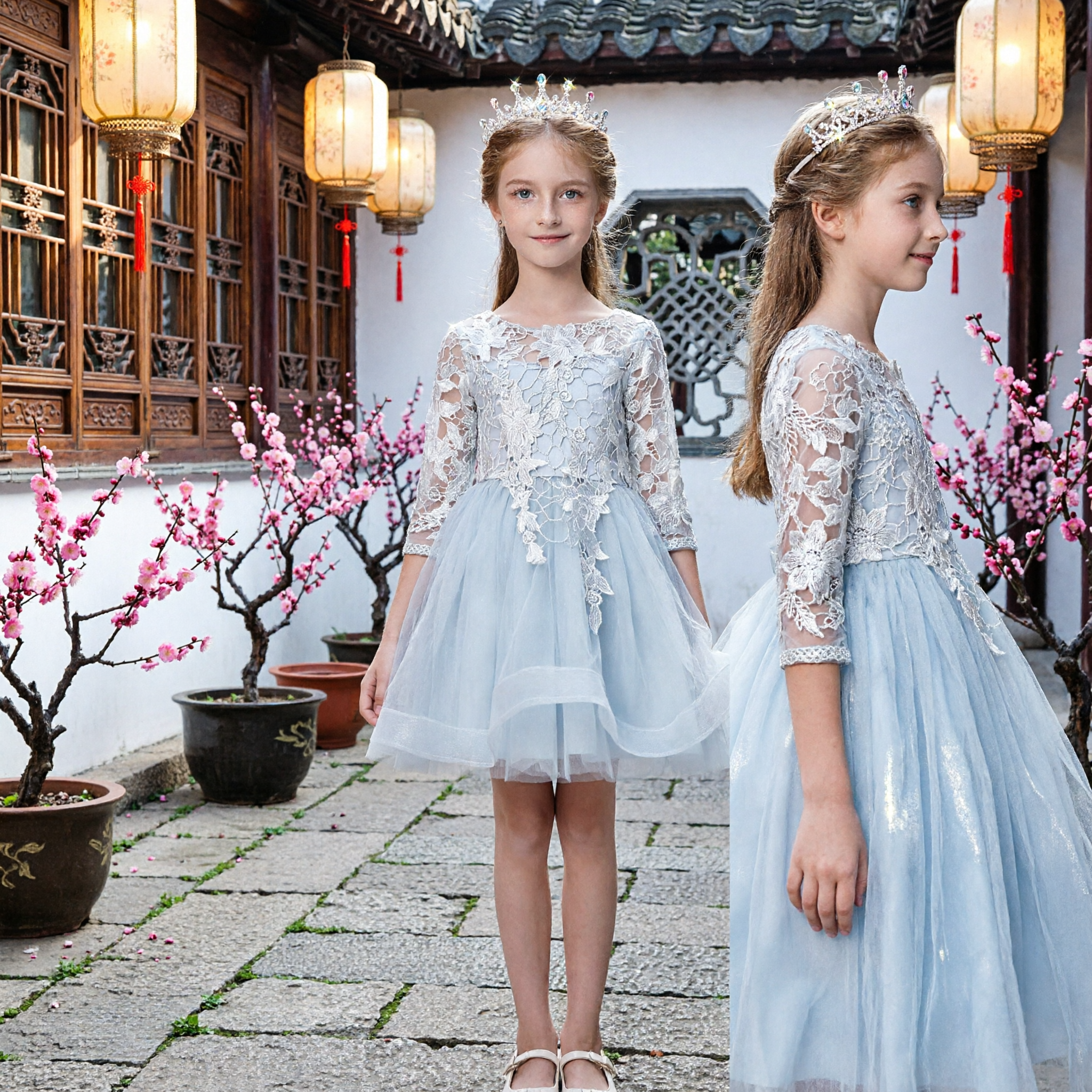 Girls Light Blue Lace Long Sleeve Tulle Dress Formal Wedding Flower Girl Party Princess Gown - Asian Costume