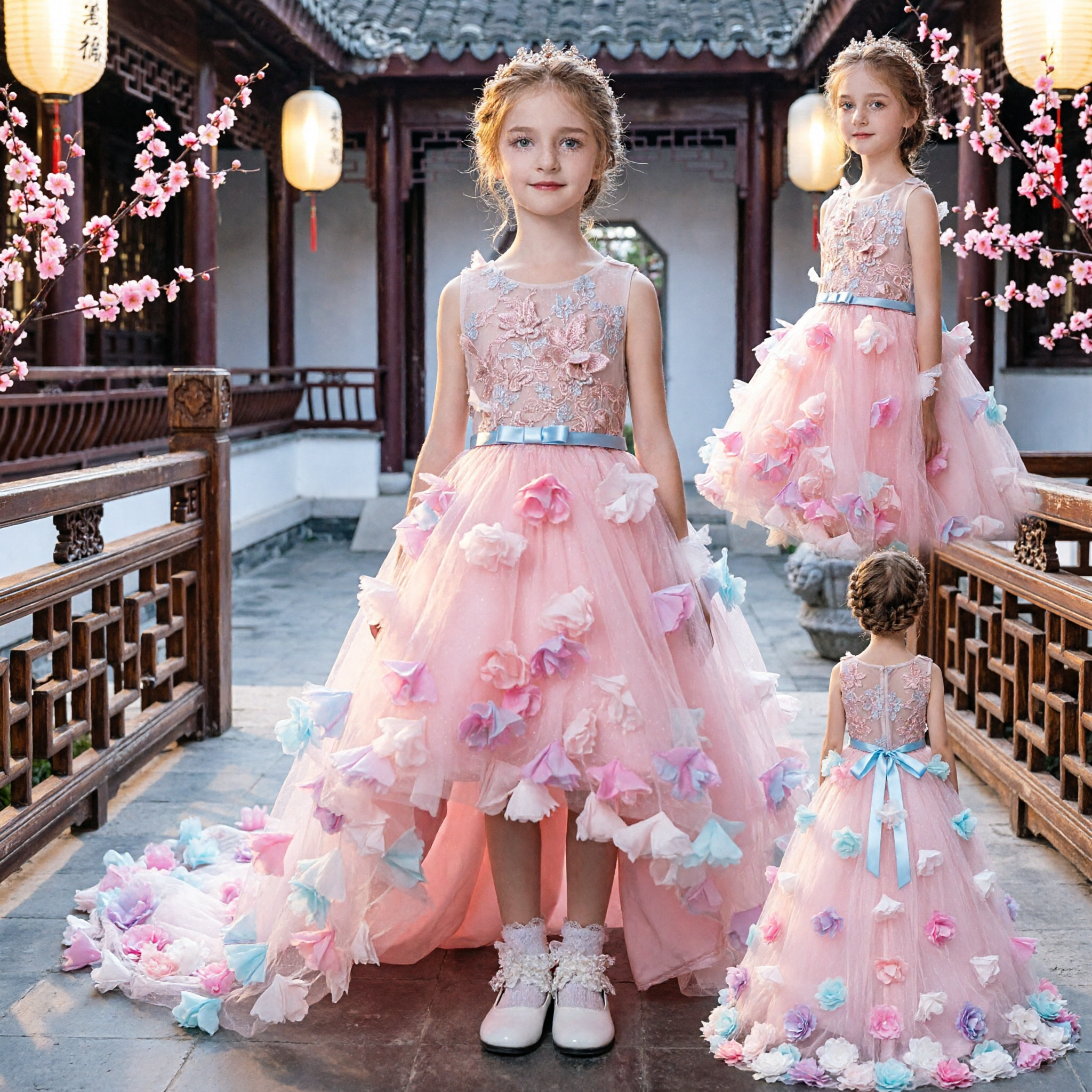 Pink 3D Floral Tulle Flower Girl Dress Princess Ball Gown for Kids Wedding Party Pageant - Asian Costume