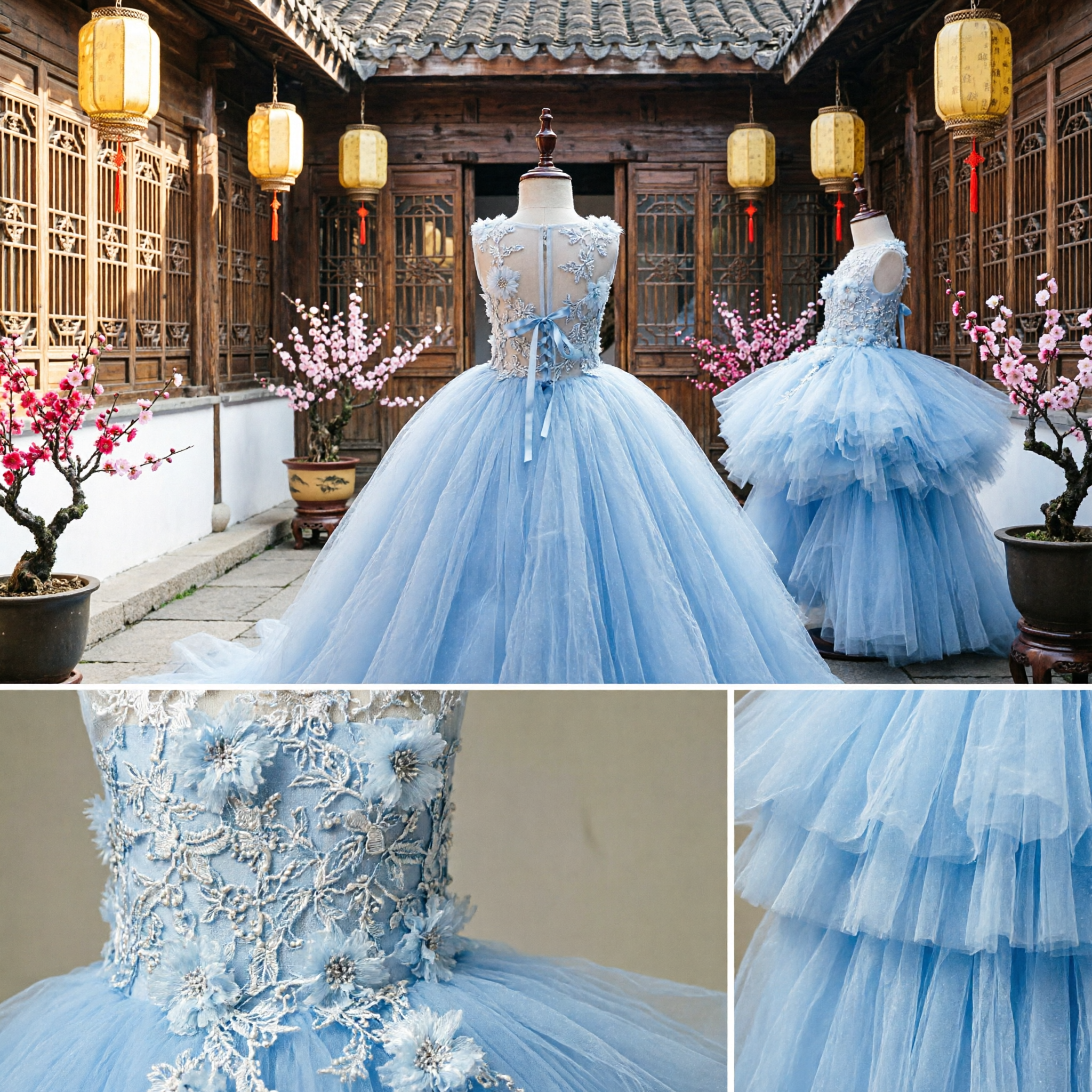 Light Blue Flower Girl Dress Kids Wedding Party Ball Gown with Lace Applique Tulle Skirt - Asian Costume