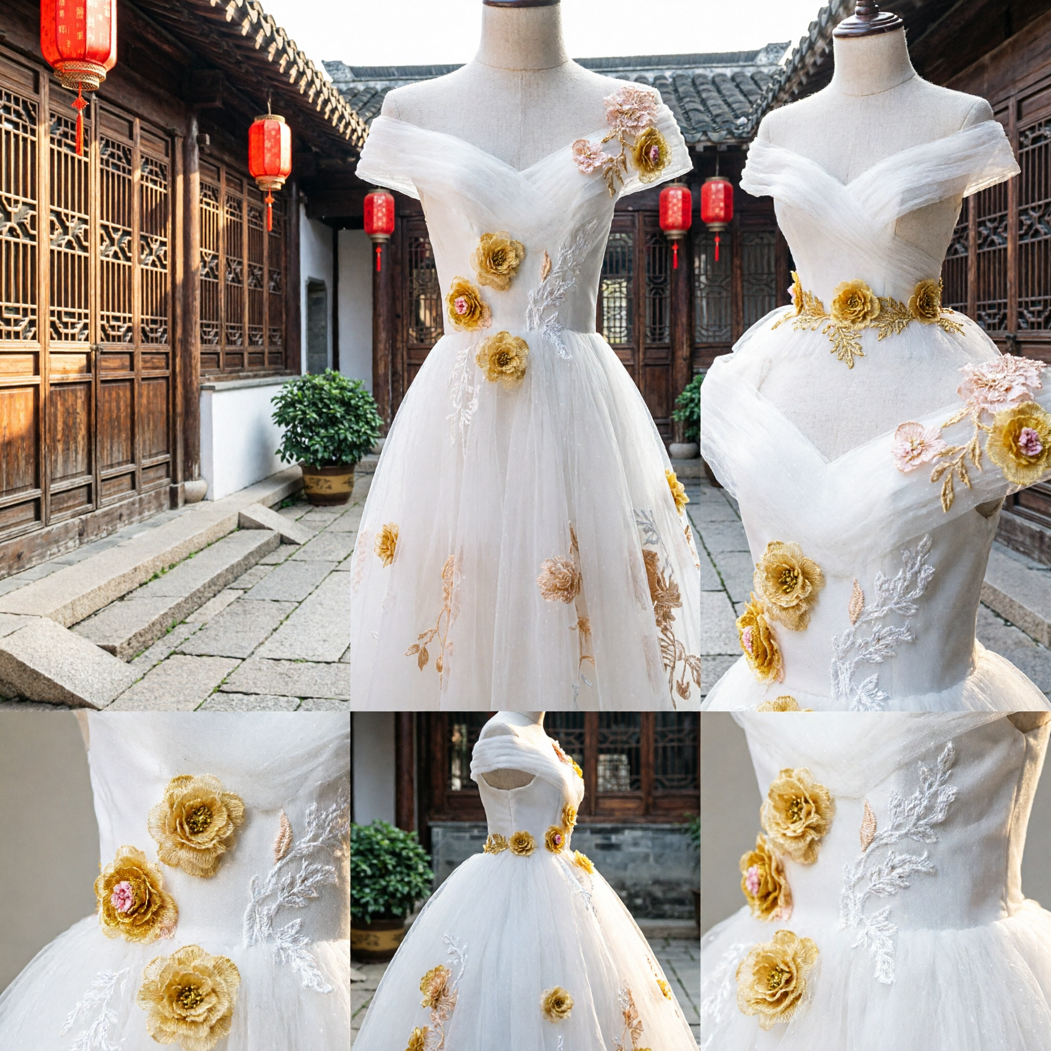 Kids White Flower Girl Dress Princess Tulle Gown with Floral Embroidery for Wedding Party First Communion - Asian Costume