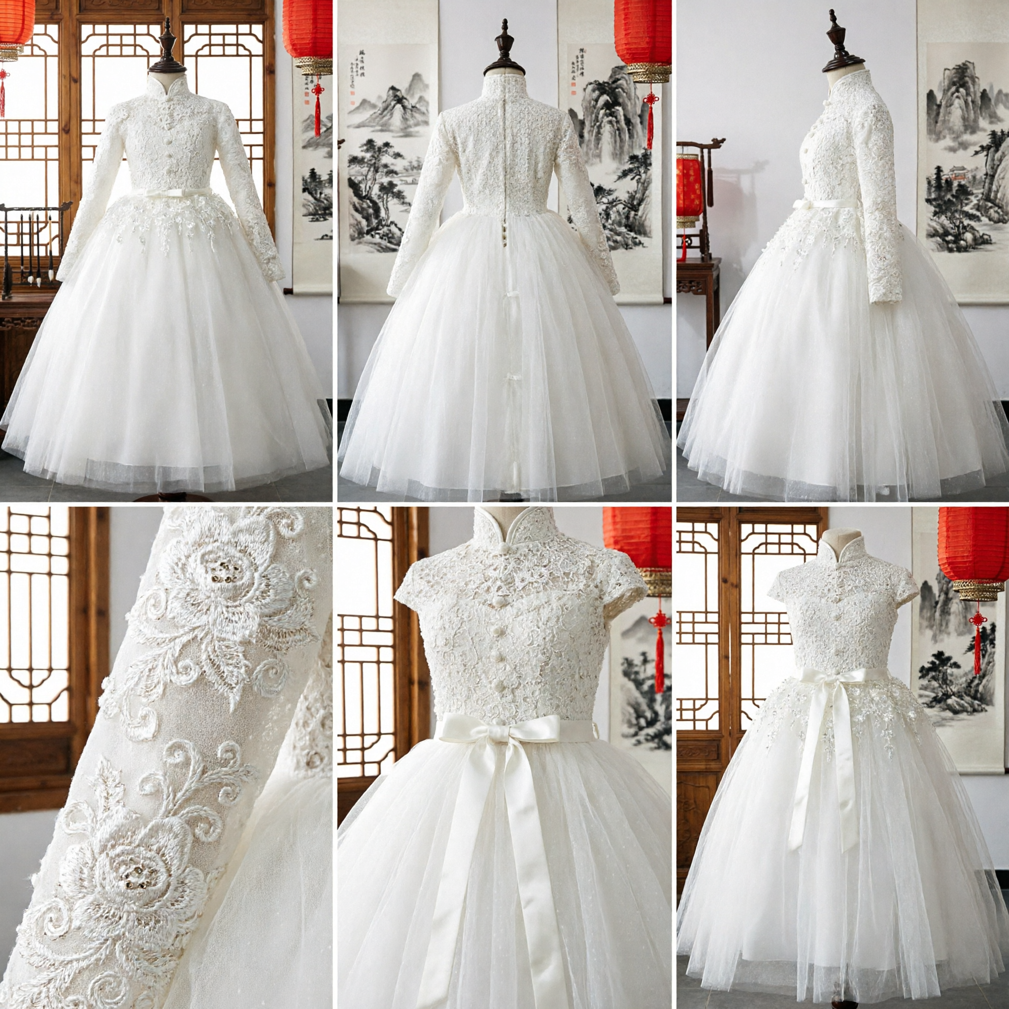 Elegant White Chinese Style Wedding Dress Long Sleeve Lace Mandarin Collar Ballgown Bridal Gown - Asian Costume