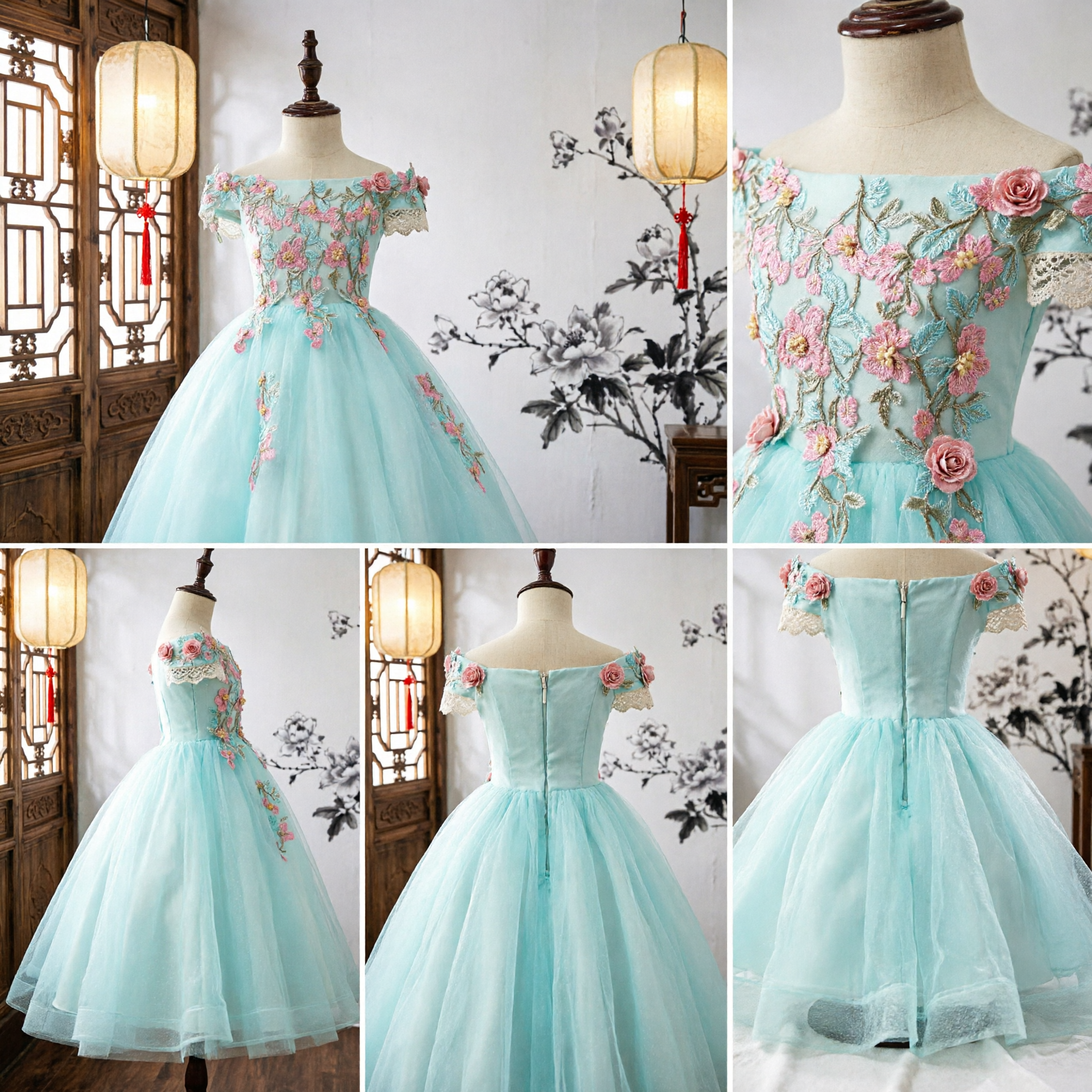 Elegant Floral Embroidered Flower Girl Dress Long Tulle Ball Gown Off-Shoulder Kids Formal Wear for Weddings - Asian Costume