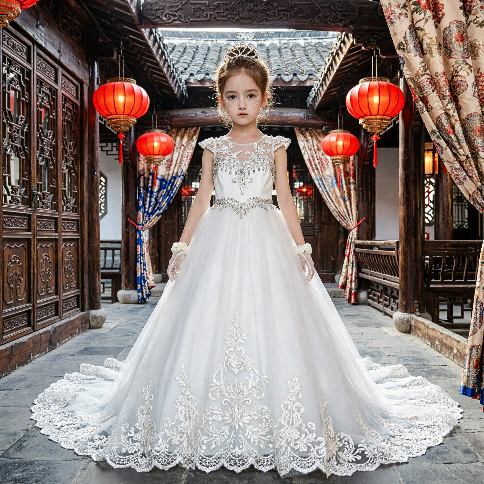 Elegant White Lace Flower Girl Wedding Dress with Long Train for First Communion and Formal Parties - Asian Costume
