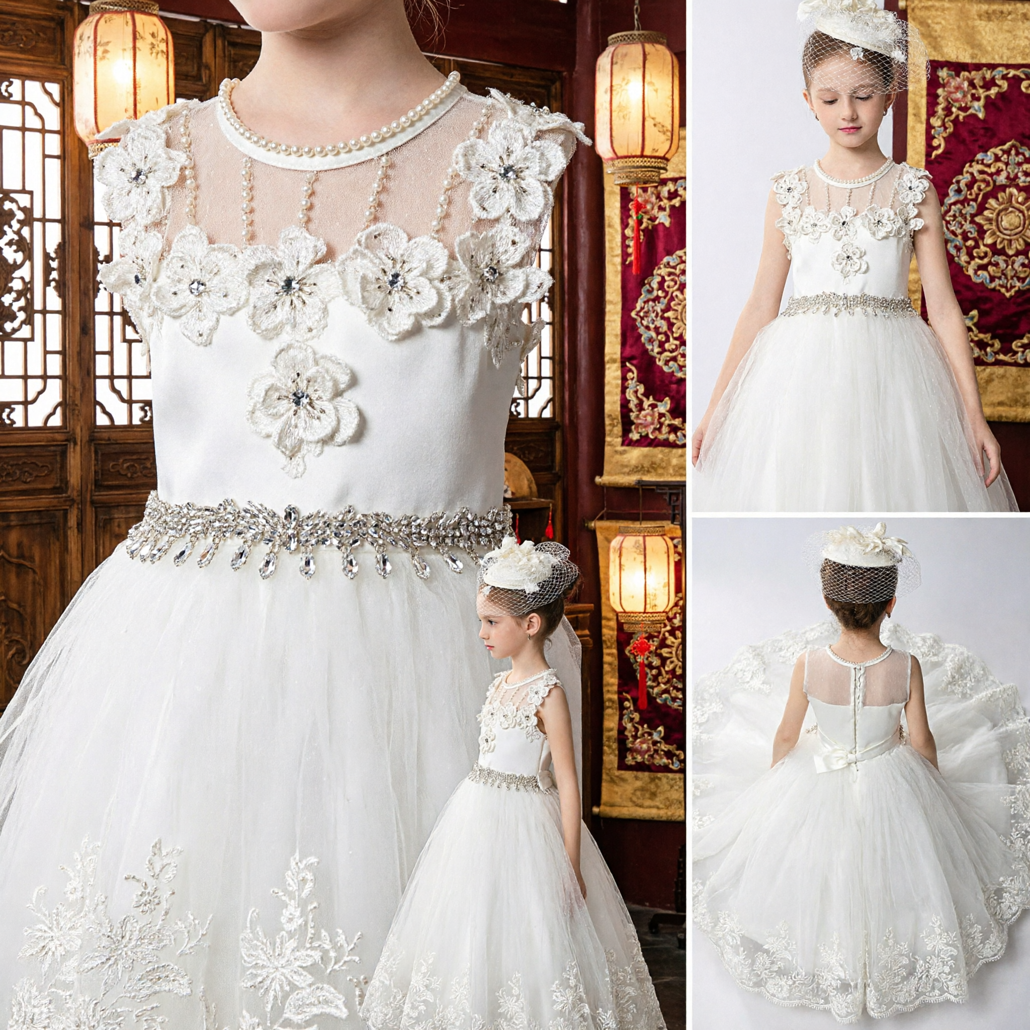 Elegant Girls White First Communion Dress Flower Girl Princess Gown with 3D Floral Applique and Lace Skirt - Asian Costume